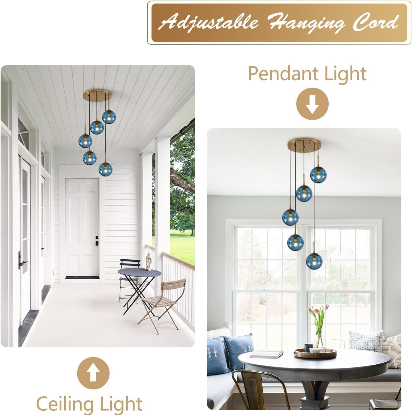 5-Light Blue Glass Pendant Light Chandelier - Modern E26 Fixture with Adjustable Cords and Gold Canopy