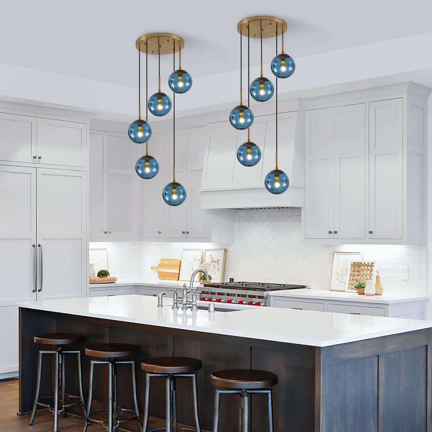 5-Light Blue Glass Pendant Light Chandelier - Modern E26 Fixture with Adjustable Cords and Gold Canopy