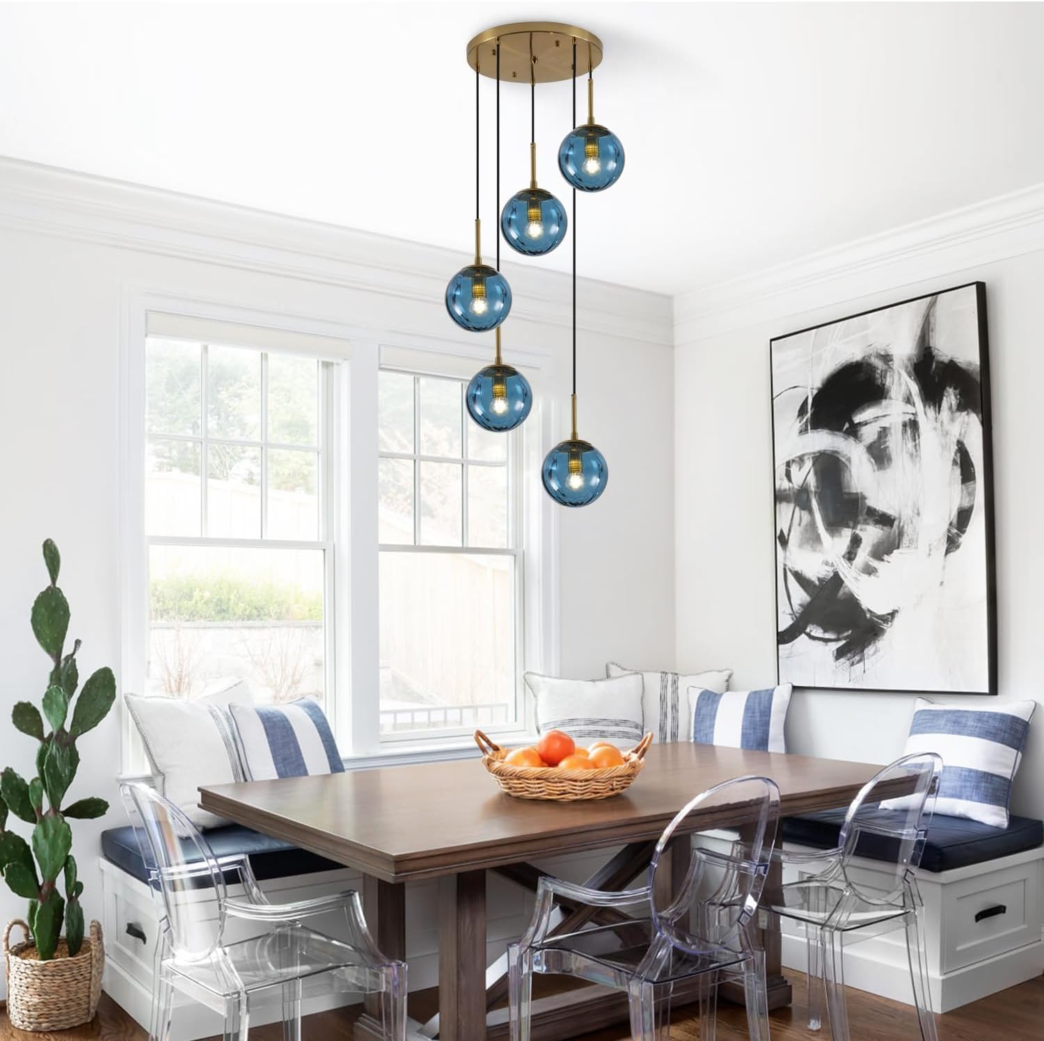 5-Light Blue Glass Pendant Light Chandelier - Modern E26 Fixture with Adjustable Cords and Gold Canopy