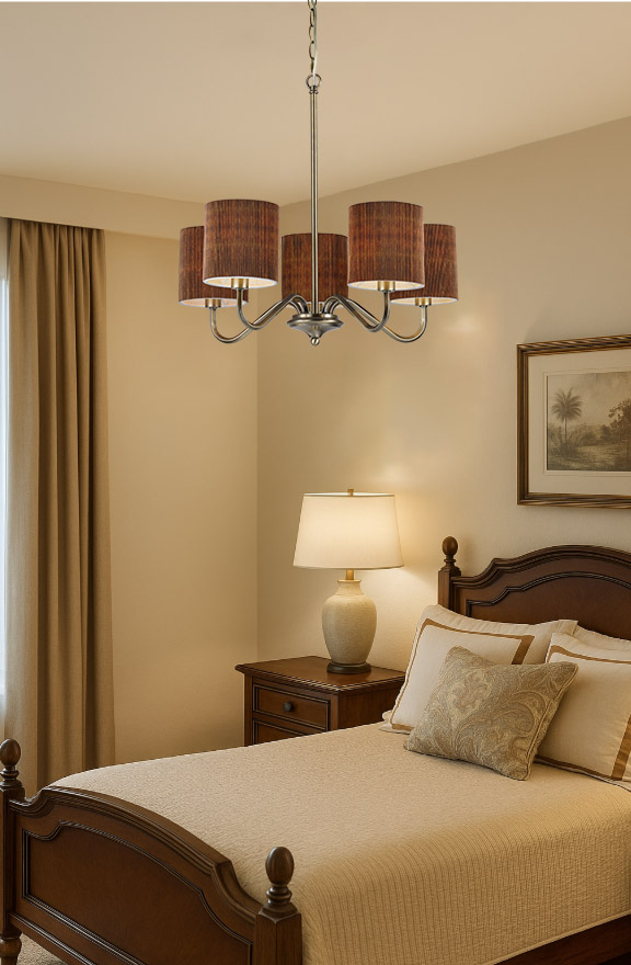 Modern Adjustable Height 5-Light Gold Chandelier with Ribbed Fabric Shades