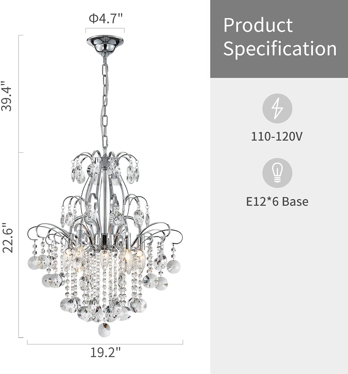 Luxury Chrome Crystal Chandelier 6-Light Elegant Hanging Pendant Ceiling Light Adjustable Chain for Living Room Dining Room