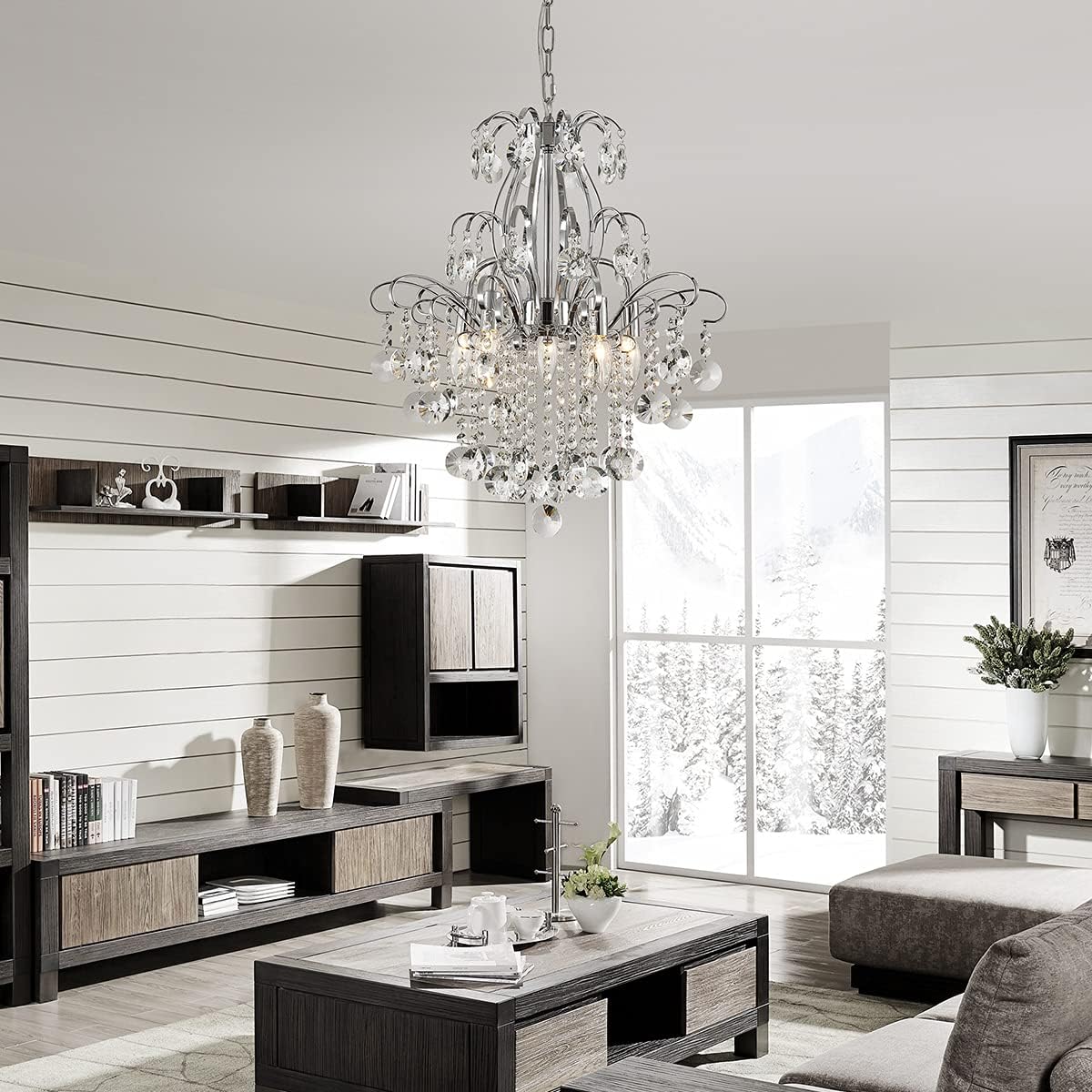 Luxury Chrome Crystal Chandelier 6-Light Elegant Hanging Pendant Ceiling Light Adjustable Chain for Living Room Dining Room