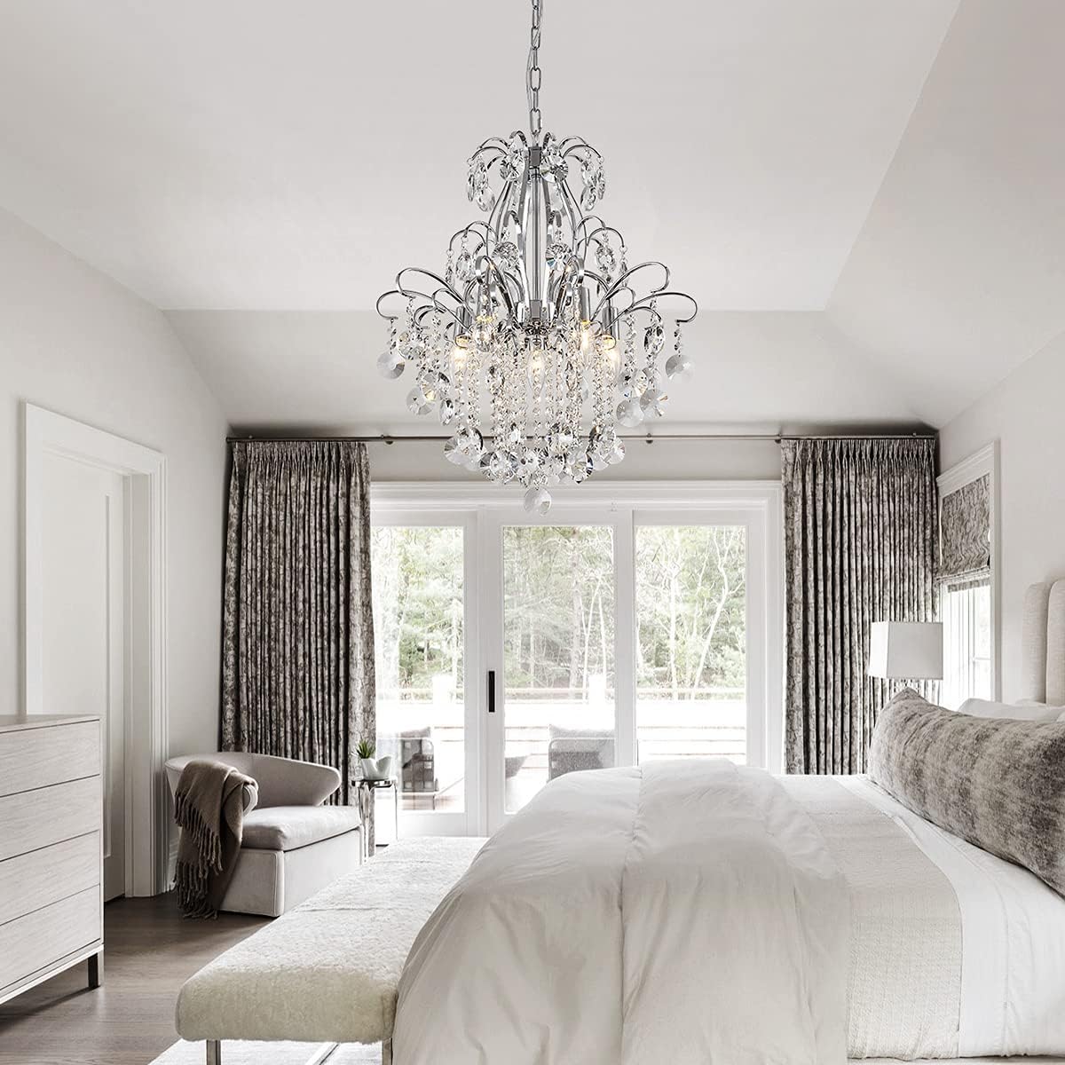 Luxury Chrome Crystal Chandelier 6-Light Elegant Hanging Pendant Ceiling Light Adjustable Chain for Living Room Dining Room