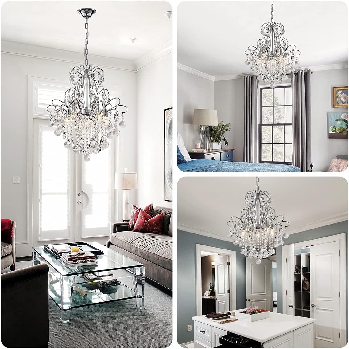 Luxury Chrome Crystal Chandelier 6-Light Elegant Hanging Pendant Ceiling Light Adjustable Chain for Living Room Dining Room