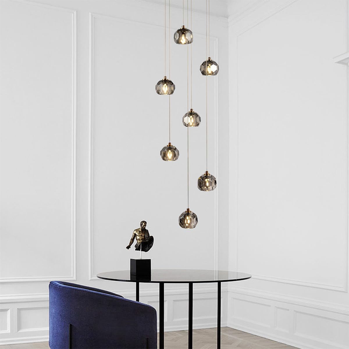 Modern 7-Light Smoke Crystal Pendant Chandelier Adjustable Brushed Brass 21W