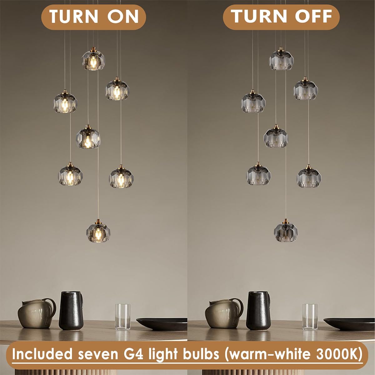 Modern 7-Light Smoke Crystal Pendant Chandelier Adjustable Brushed Brass 21W