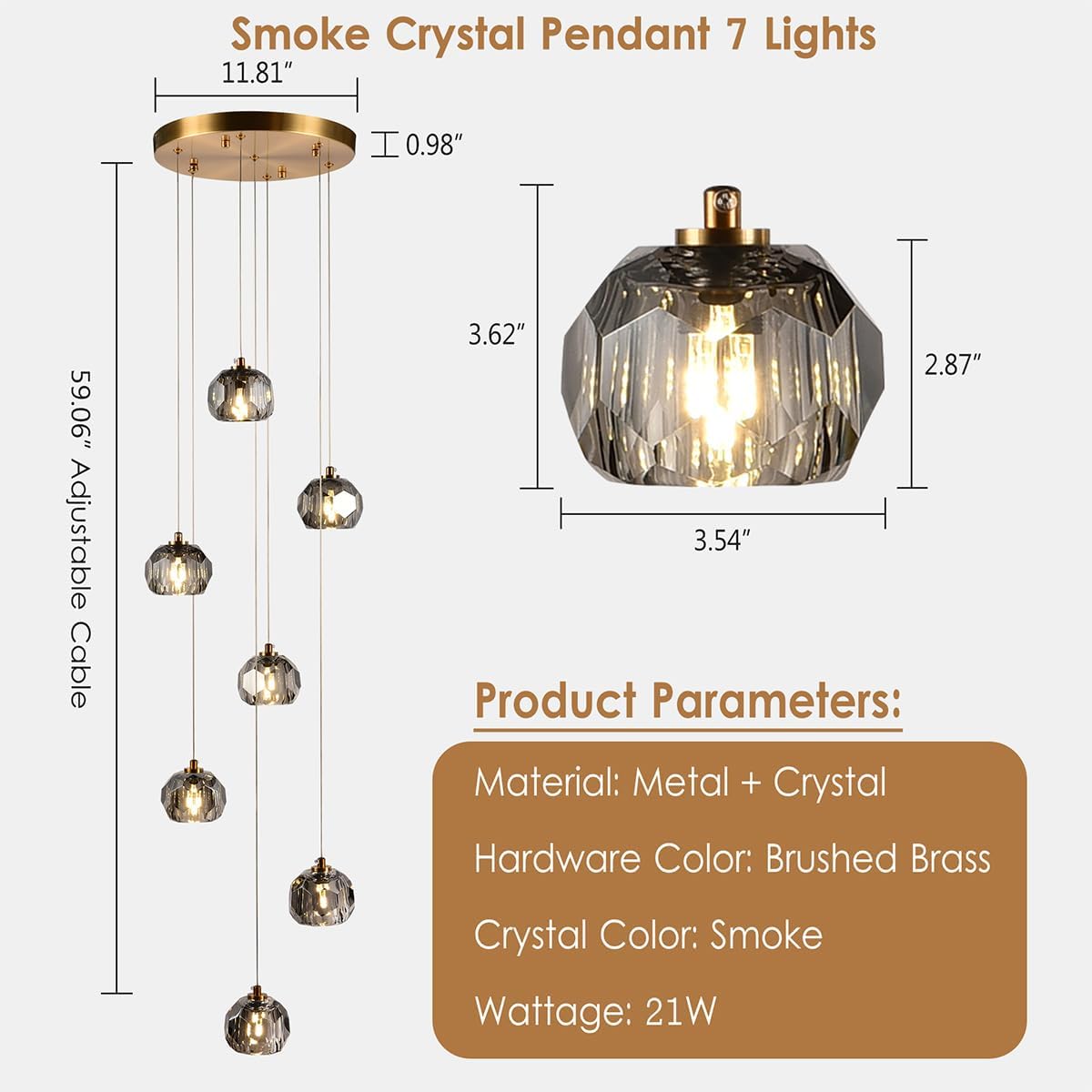Modern 7-Light Smoke Crystal Pendant Chandelier Adjustable Brushed Brass 21W