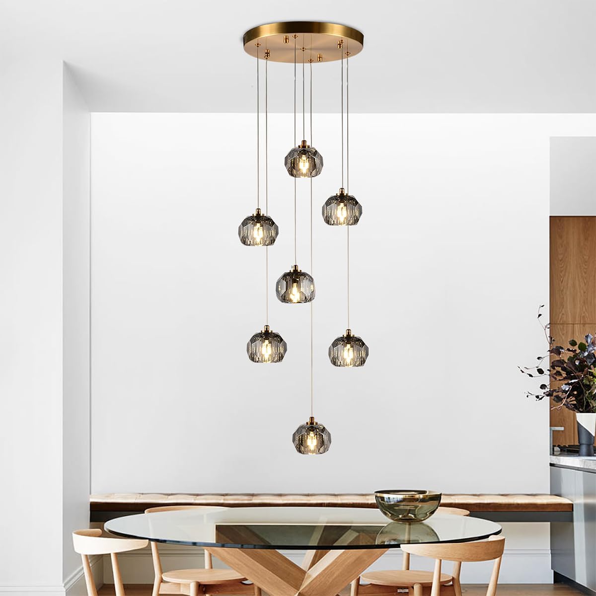 Modern 7-Light Smoke Crystal Pendant Chandelier Adjustable Brushed Brass 21W