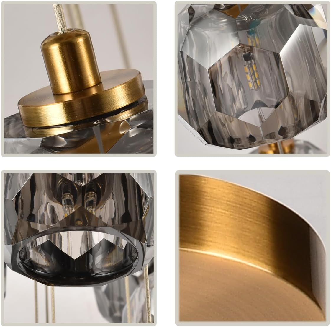 Modern 7-Light Smoke Crystal Pendant Chandelier Adjustable Brushed Brass 21W