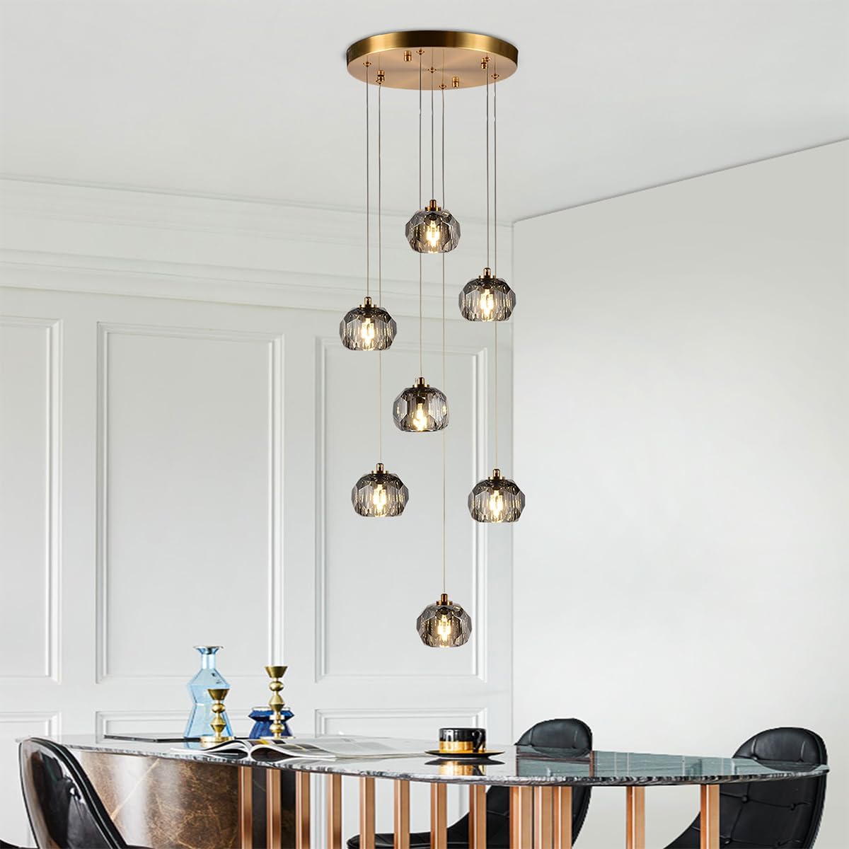 Modern 7-Light Smoke Crystal Pendant Chandelier Adjustable Brushed Brass 21W