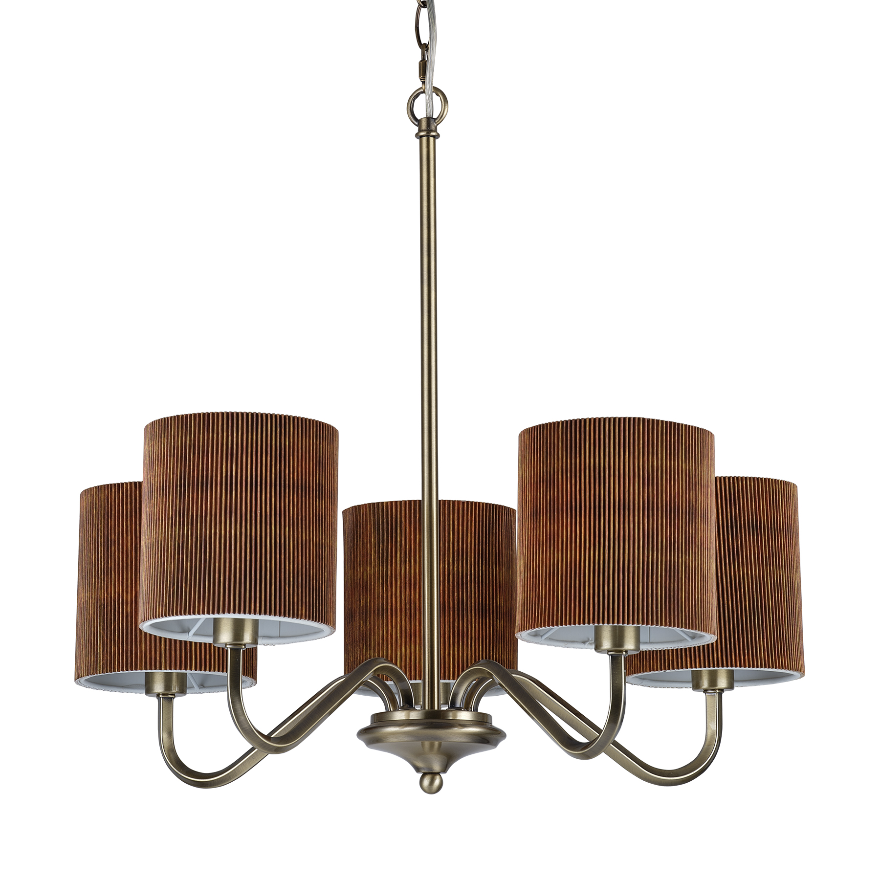 Modern Adjustable Height 5-Light Gold Chandelier with Ribbed Fabric Shades