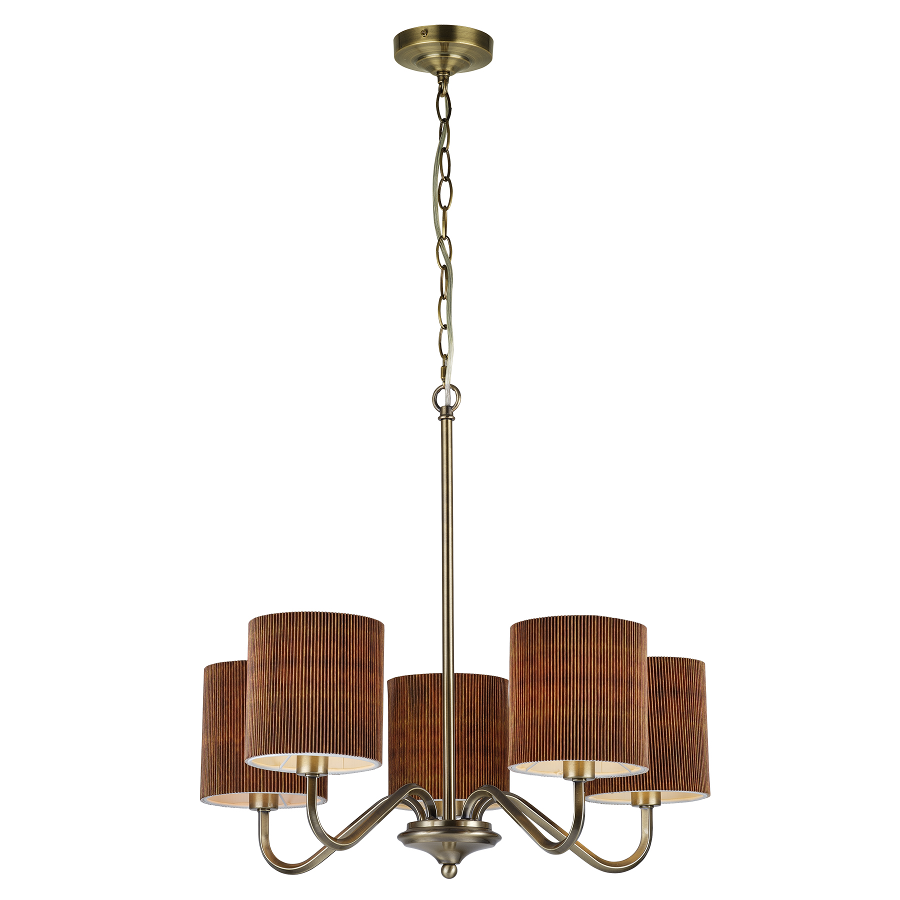 Modern Adjustable Height 5-Light Gold Chandelier with Ribbed Fabric Shades