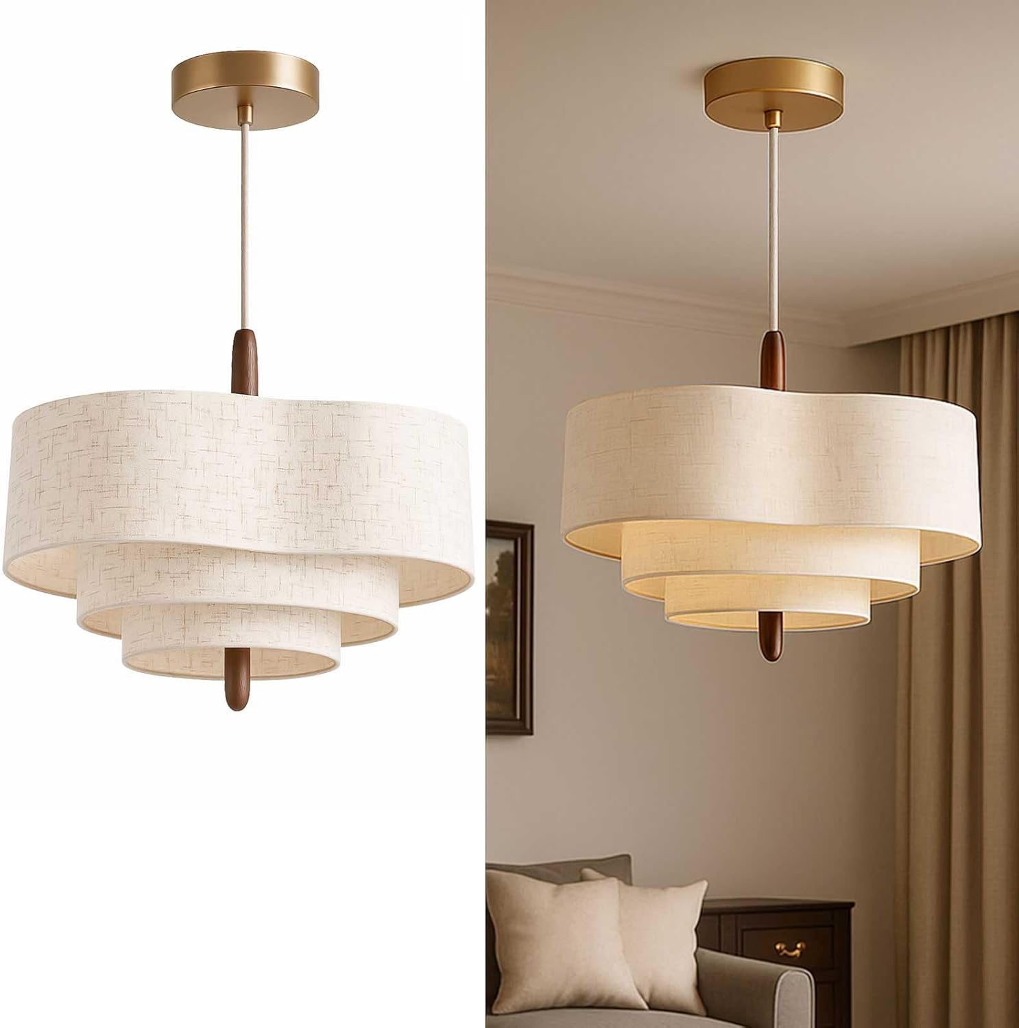 Modern Fabric Drum Pendant Light 2-Light E26 Beige Linen Hanging Lamp with Wood Accent