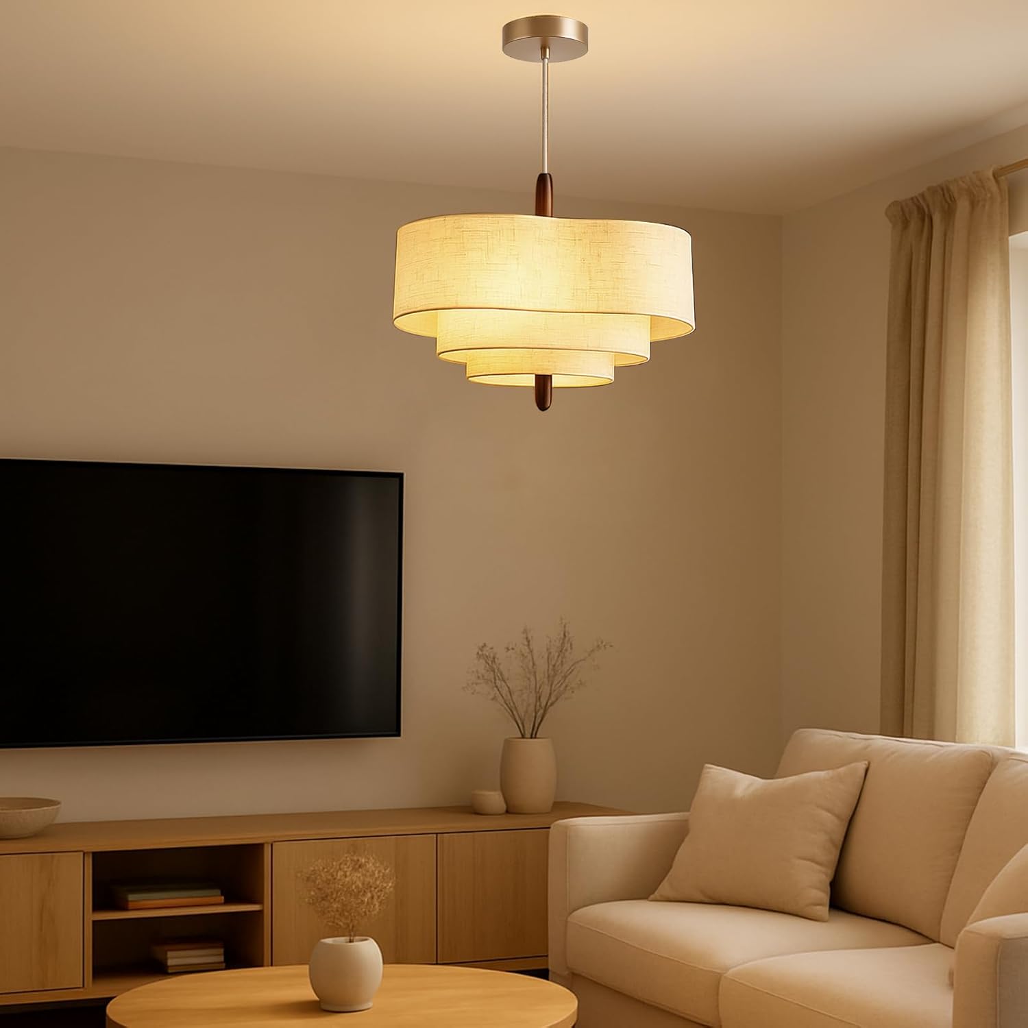 Modern Fabric Drum Pendant Light 2-Light E26 Beige Linen Hanging Lamp with Wood Accent