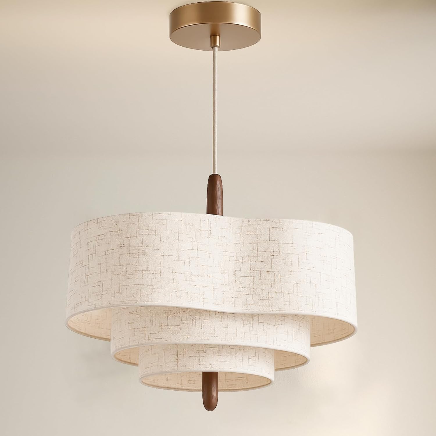 Modern Fabric Drum Pendant Light 2-Light E26 Beige Linen Hanging Lamp with Wood Accent