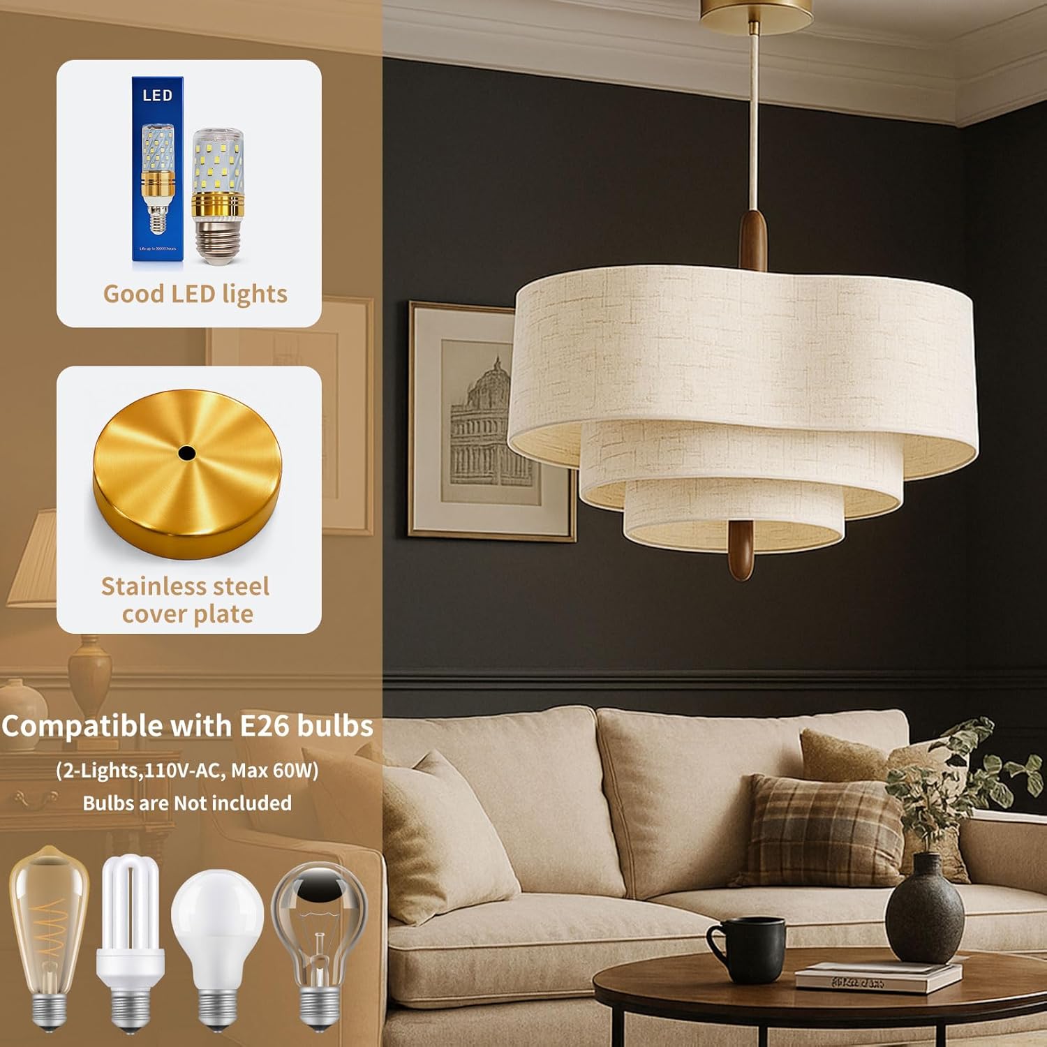 Modern Fabric Drum Pendant Light 2-Light E26 Beige Linen Hanging Lamp with Wood Accent