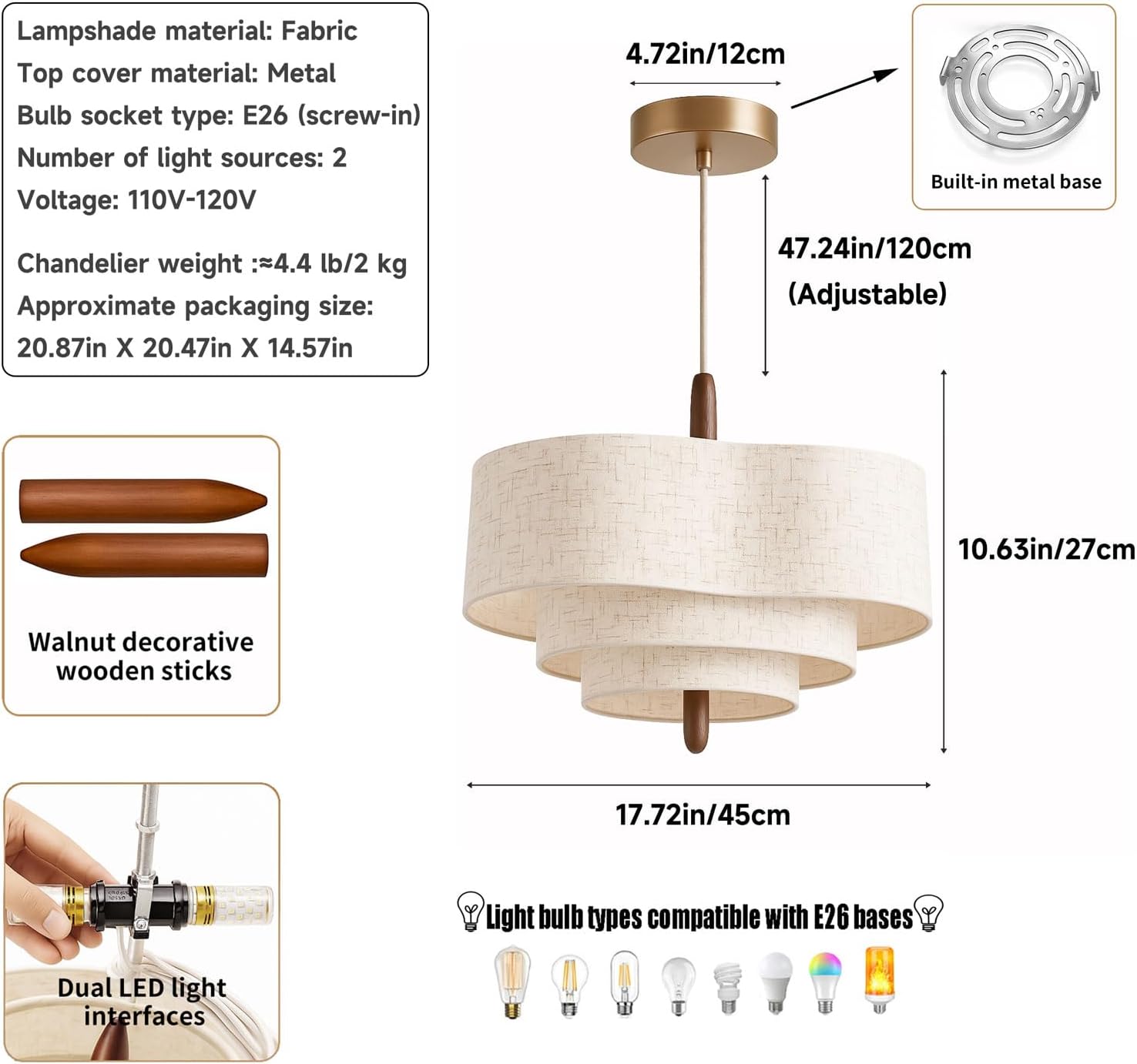 Modern Fabric Drum Pendant Light 2-Light E26 Beige Linen Hanging Lamp with Wood Accent