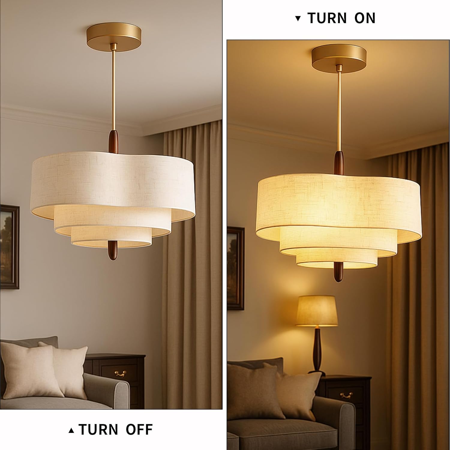 Modern Fabric Drum Pendant Light 2-Light E26 Beige Linen Hanging Lamp with Wood Accent