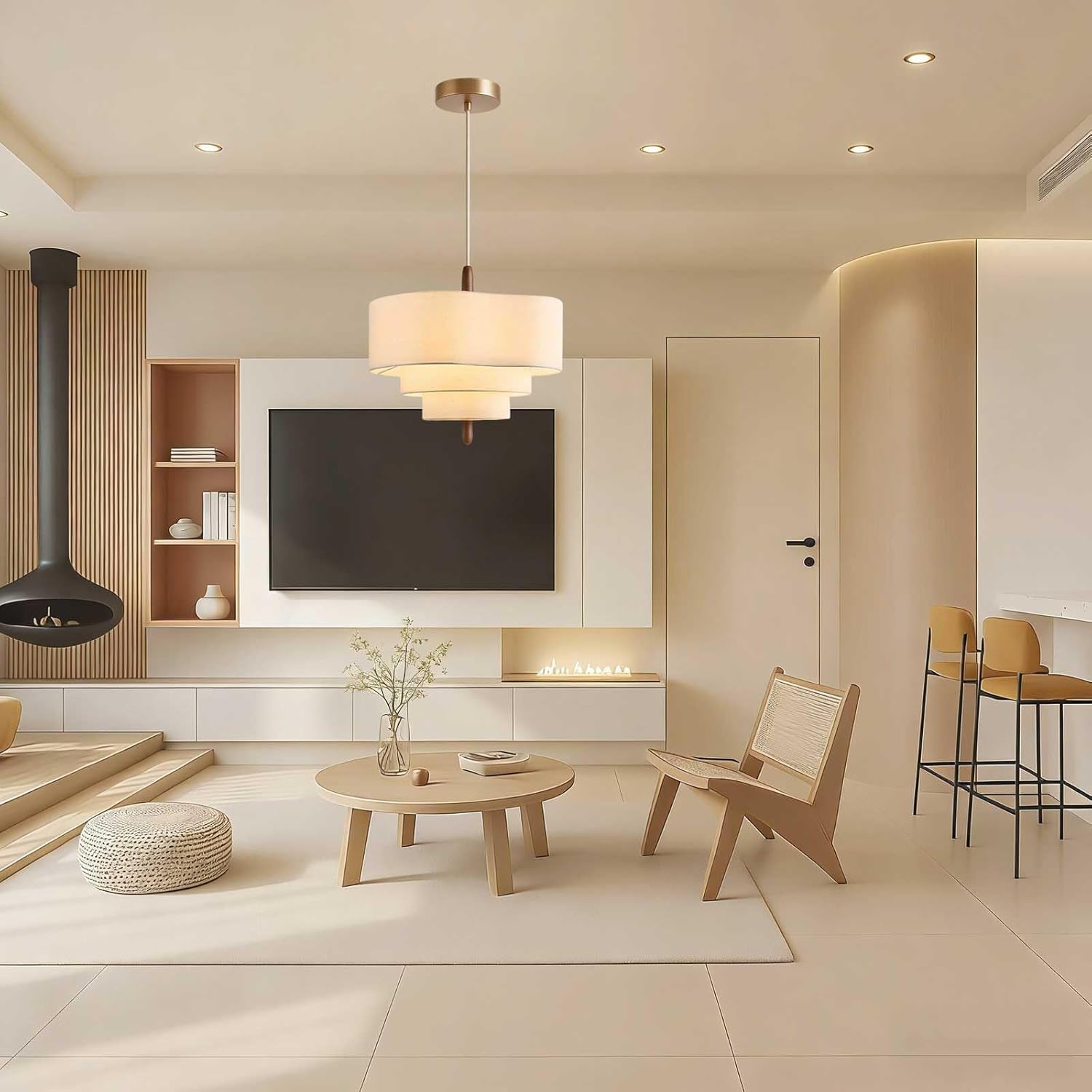 Modern Fabric Drum Pendant Light 2-Light E26 Beige Linen Hanging Lamp with Wood Accent