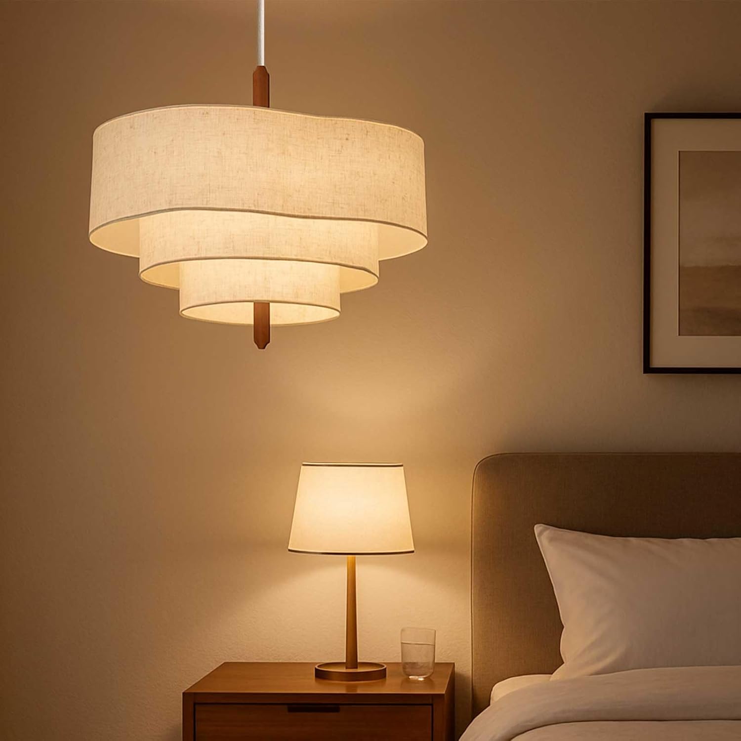 Modern Fabric Drum Pendant Light 2-Light E26 Beige Linen Hanging Lamp with Wood Accent