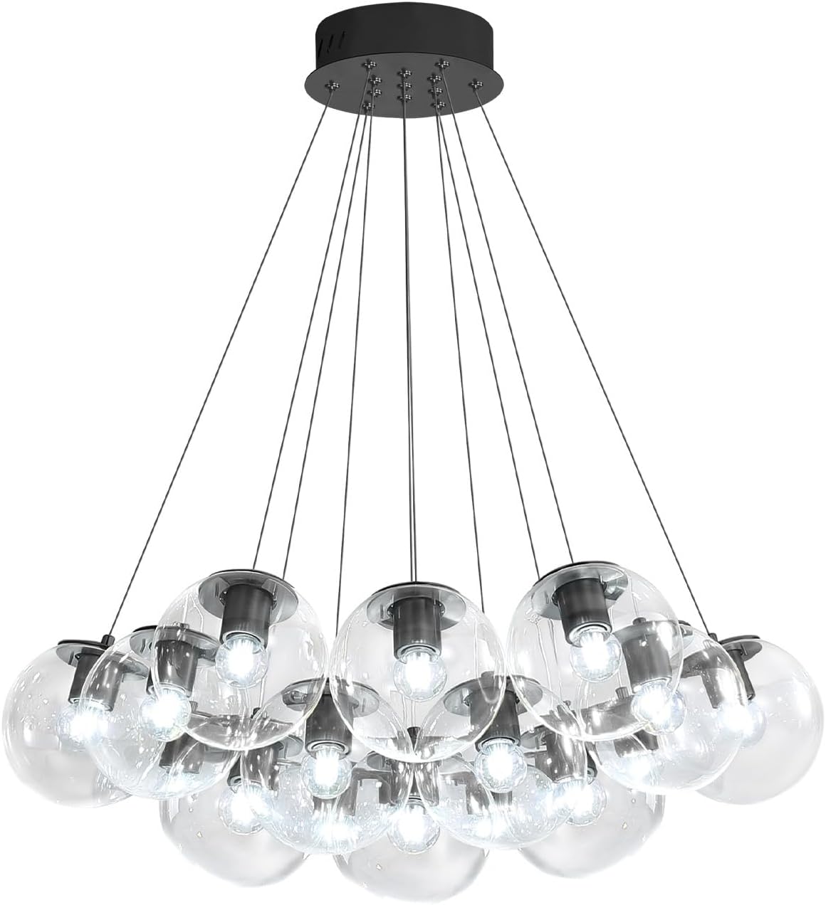Modern Black Bubble Glass Chandelier 24-Light Cluster Pendant Light Adjustable Hanging LED Included