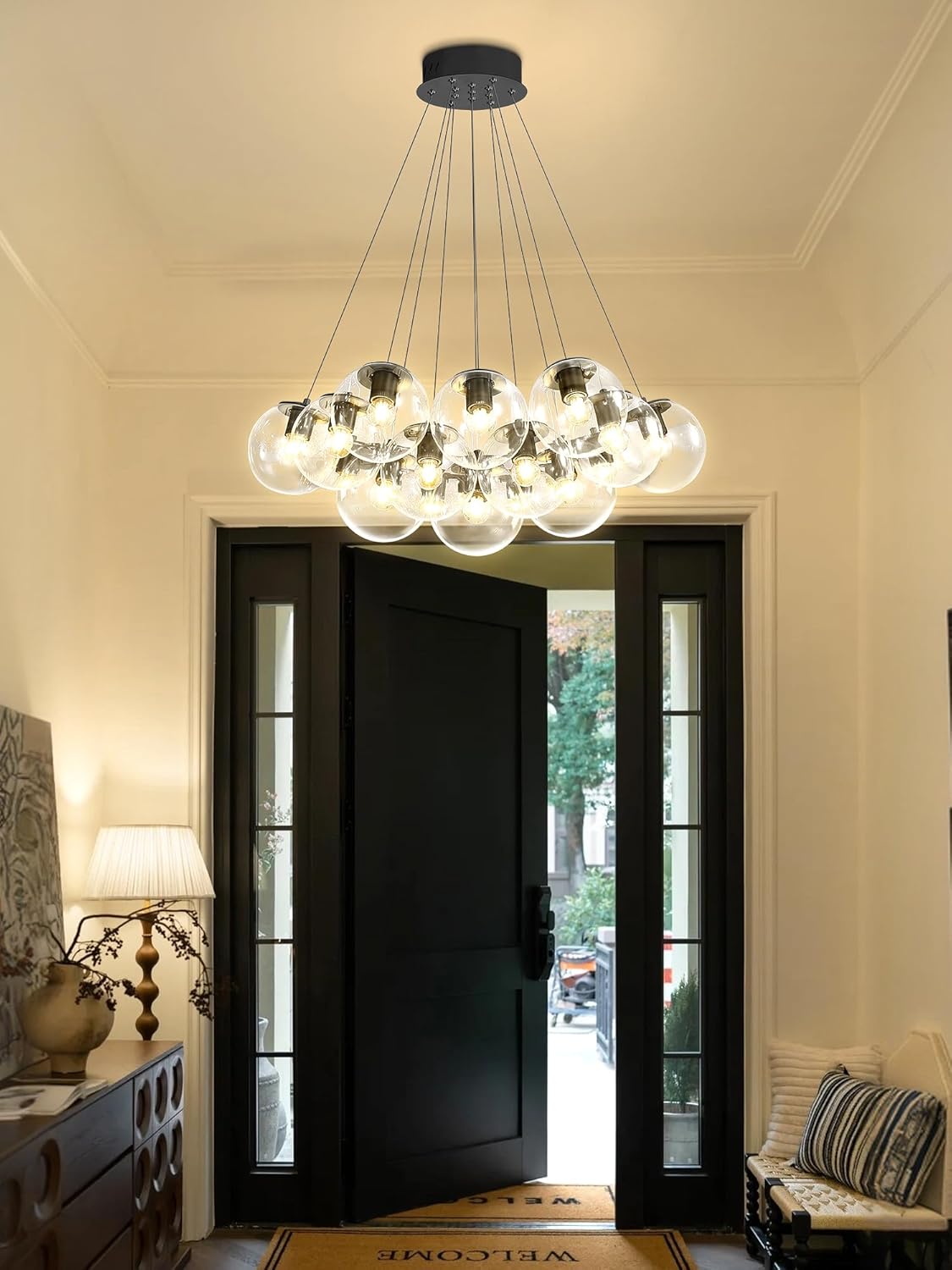 Modern Black Bubble Glass Chandelier 24-Light Cluster Pendant Light Adjustable Hanging LED Included
