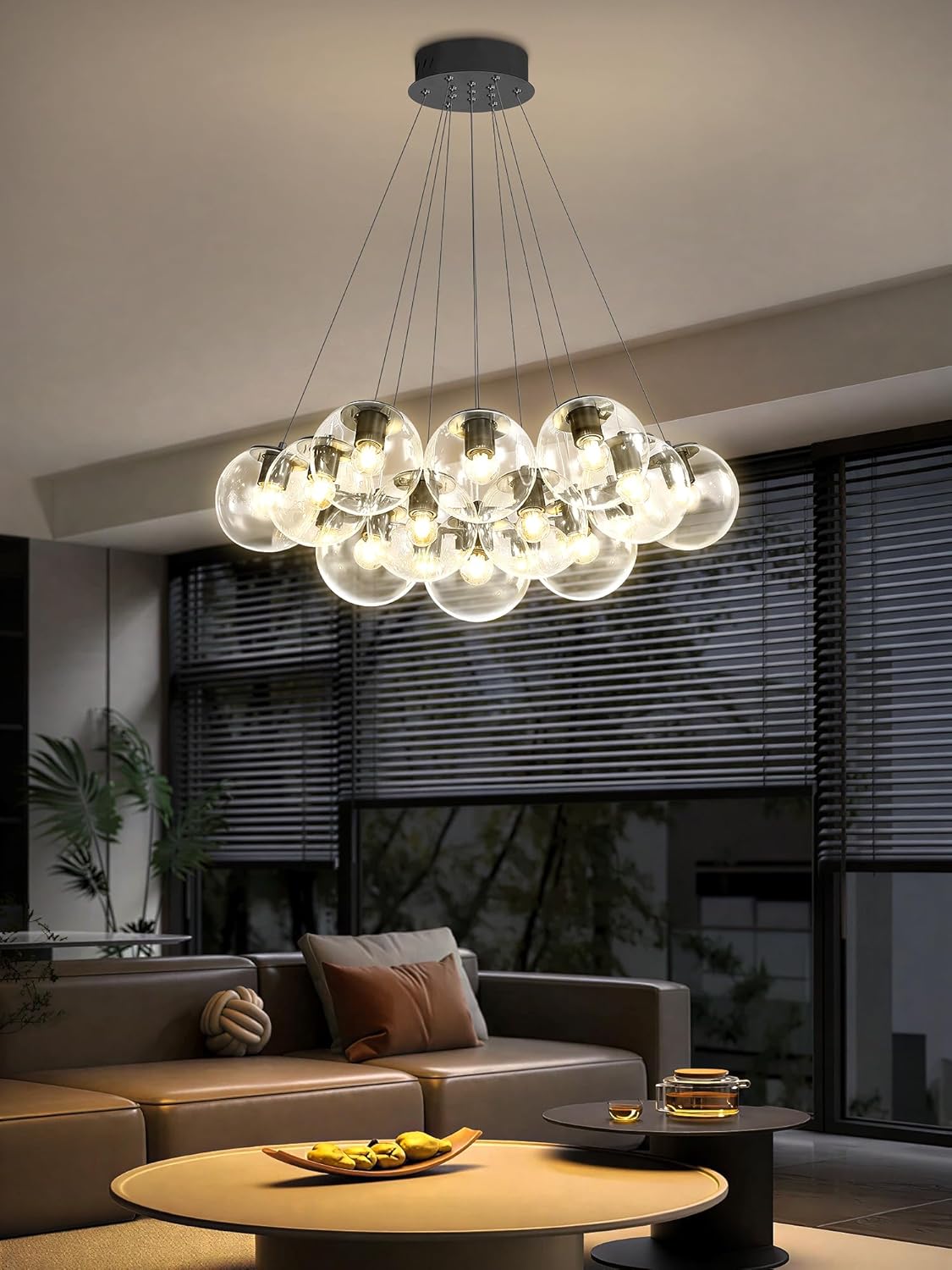 Modern Black Bubble Glass Chandelier 24-Light Cluster Pendant Light Adjustable Hanging LED Included