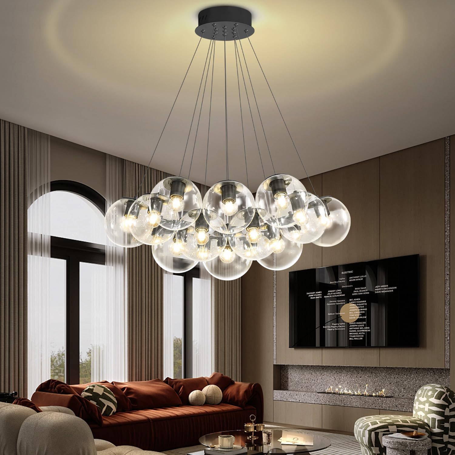Modern Black Bubble Glass Chandelier 24-Light Cluster Pendant Light Adjustable Hanging LED Included
