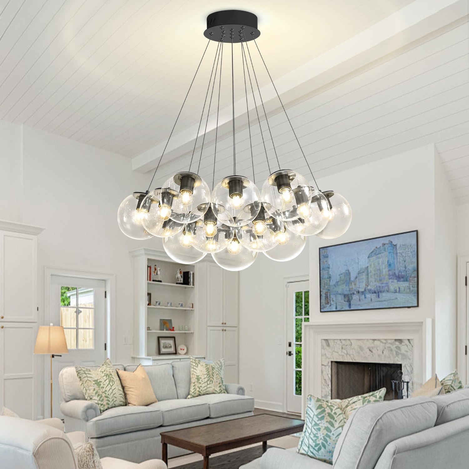Modern Black Bubble Glass Chandelier 24-Light Cluster Pendant Light Adjustable Hanging LED Included