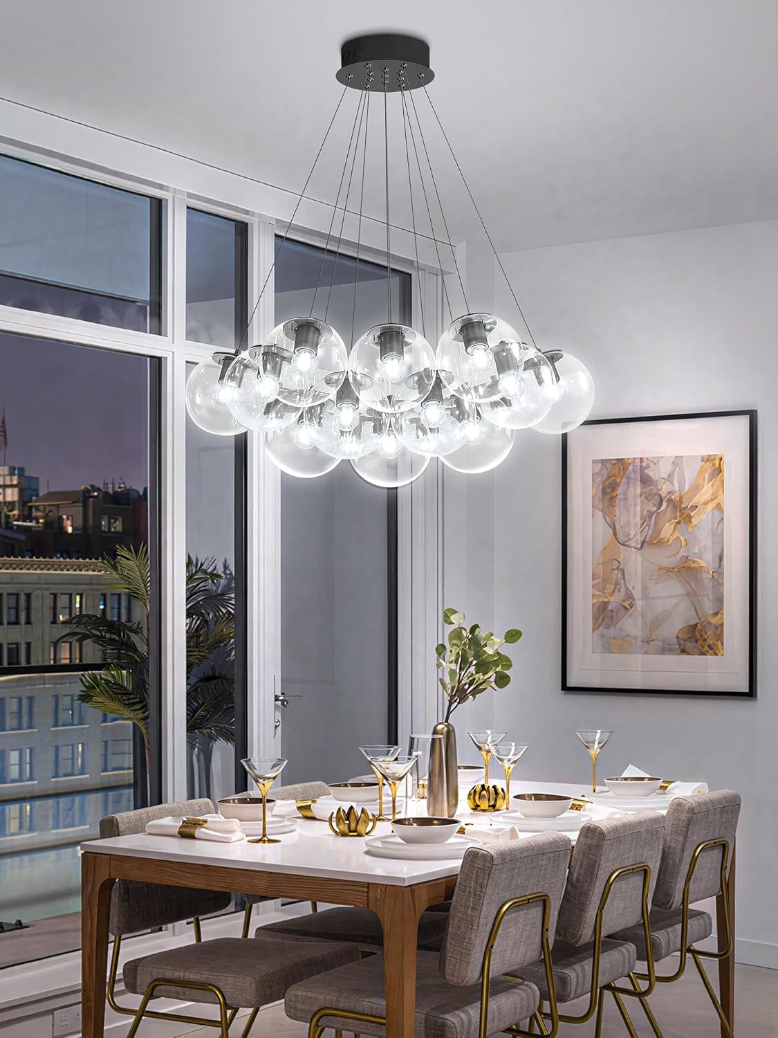 Modern Black Bubble Glass Chandelier 24-Light Cluster Pendant Light Adjustable Hanging LED Included