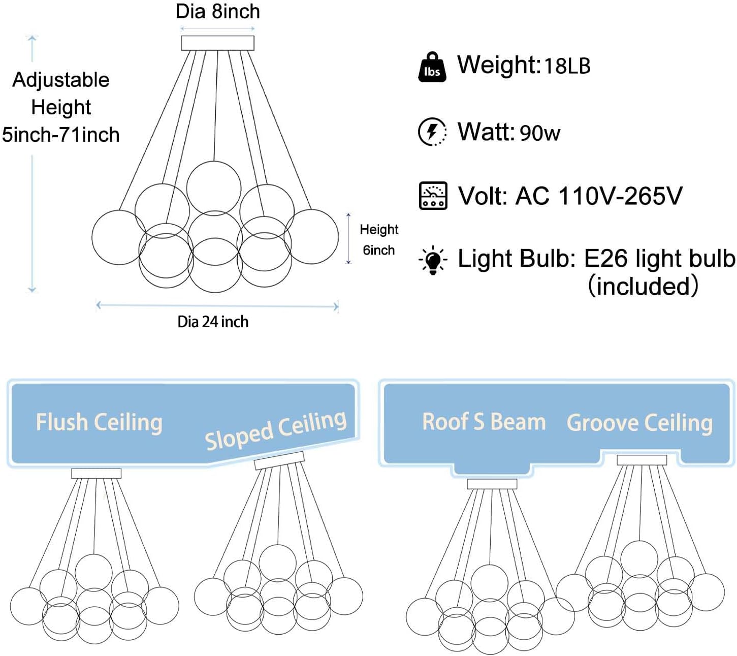 Modern Black Bubble Glass Chandelier 24-Light Cluster Pendant Light Adjustable Hanging LED Included