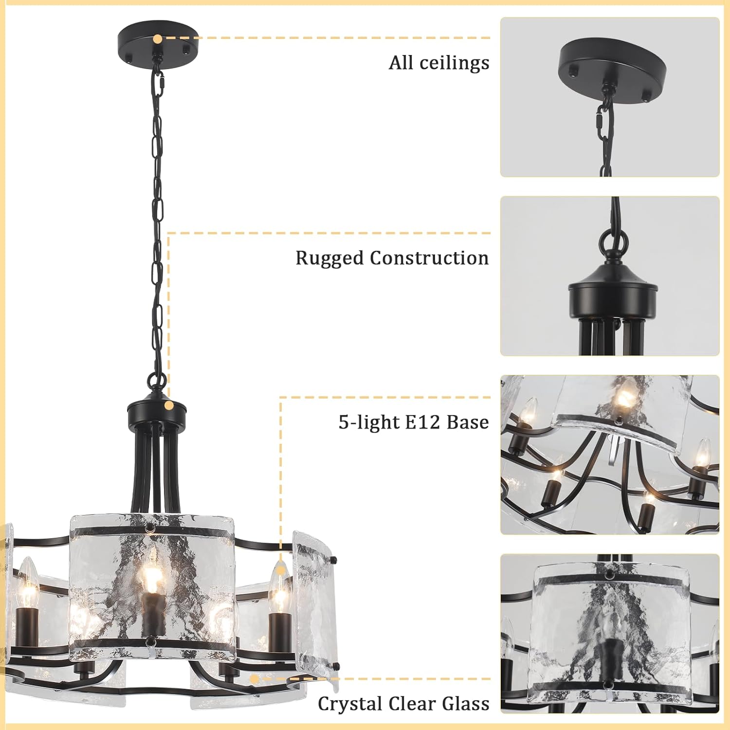 Modern Black Crystal Glass Drum Chandelier 5 Light Adjustable Pendant Ceiling Light