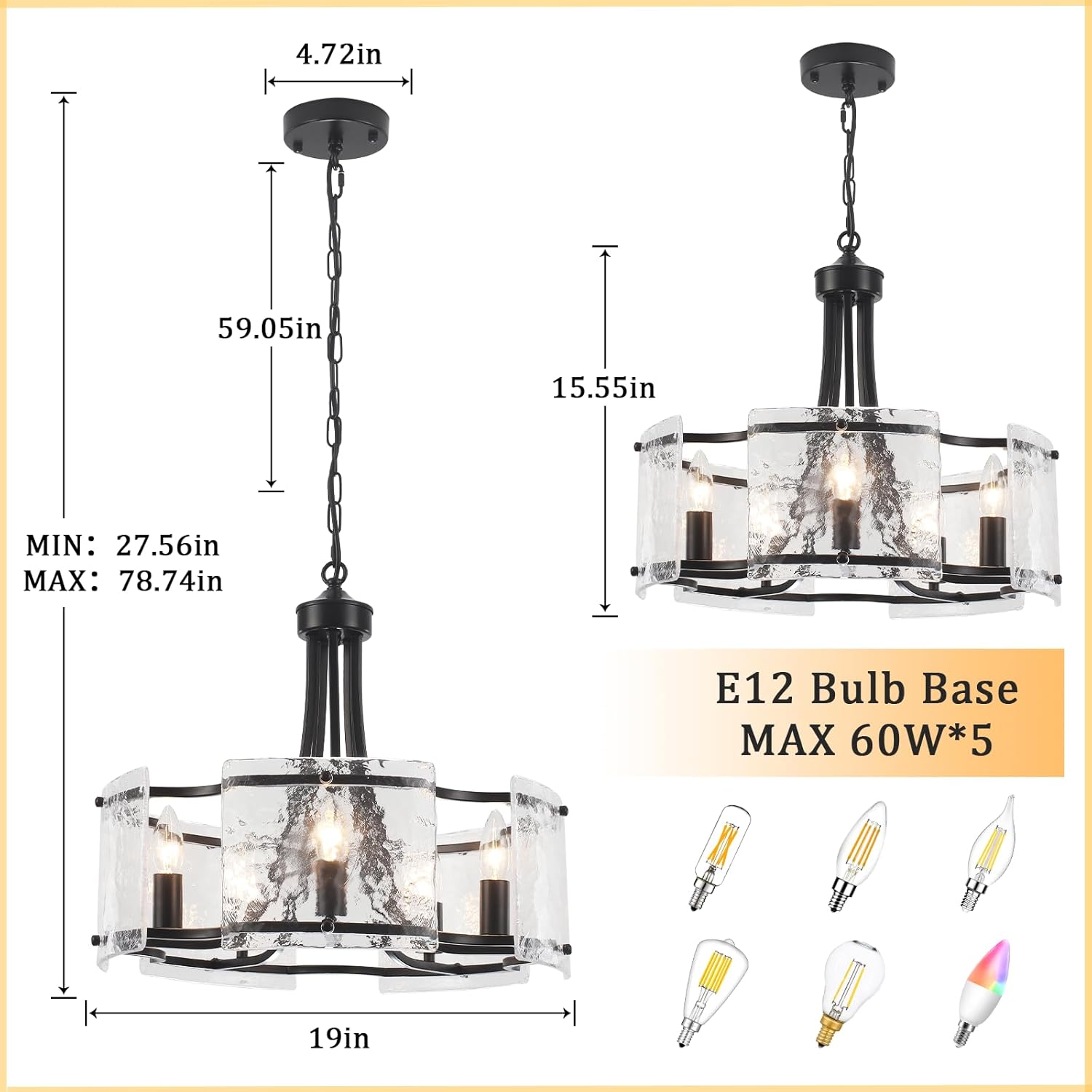 Modern Black Crystal Glass Drum Chandelier 5 Light Adjustable Pendant Ceiling Light