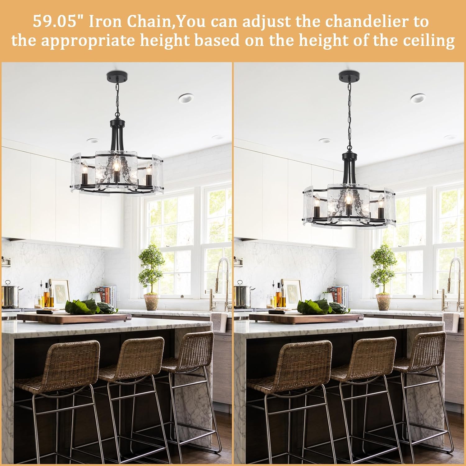 Modern Black Crystal Glass Drum Chandelier 5 Light Adjustable Pendant Ceiling Light