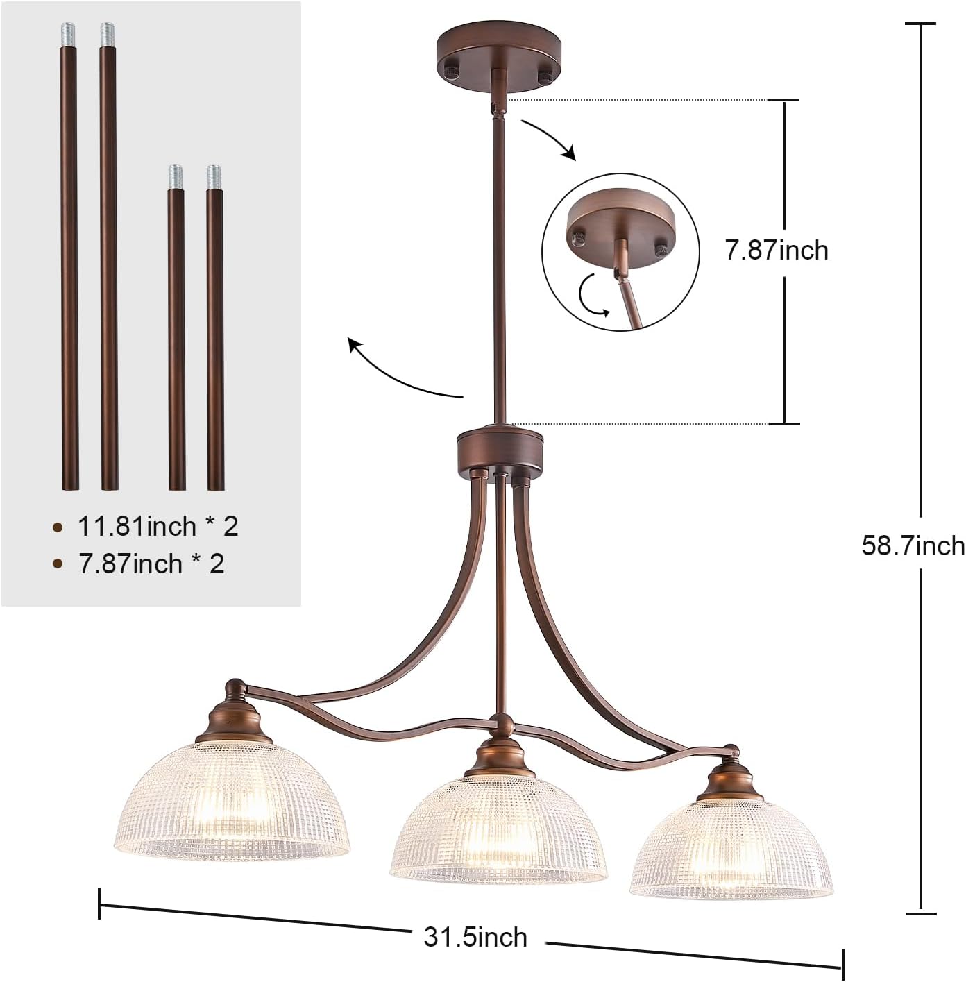 3-Light Linear Chandelier with Ribbed Clear Glass Shades and Adjustable Bronze Rods