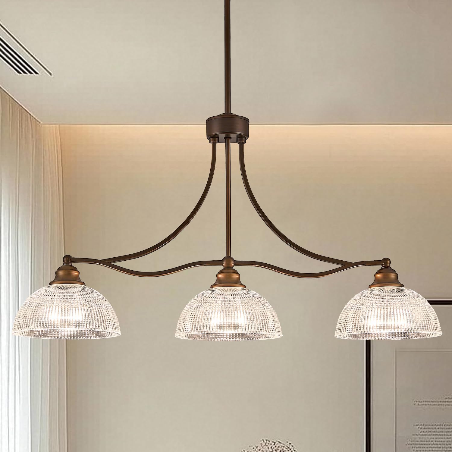 3-Light Linear Chandelier with Ribbed Clear Glass Shades and Adjustable Bronze Rods
