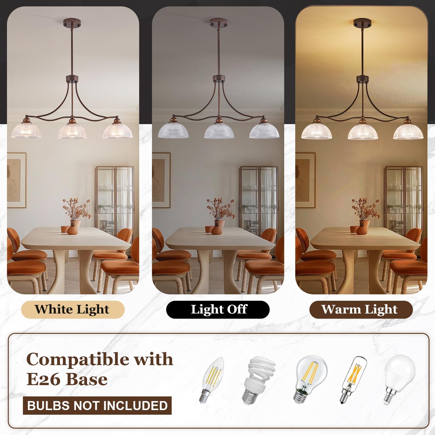 3-Light Linear Chandelier with Ribbed Clear Glass Shades and Adjustable Bronze Rods