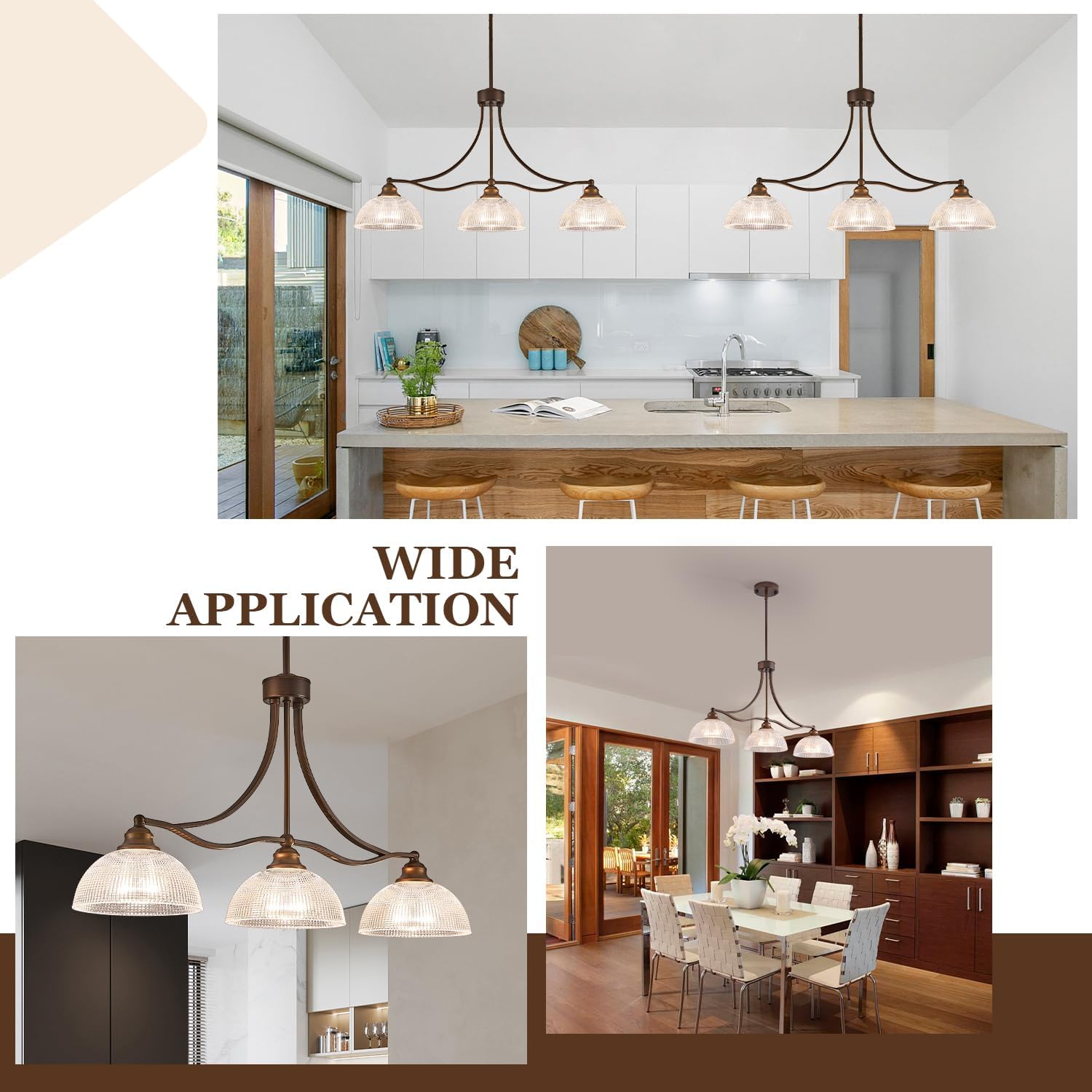 3-Light Linear Chandelier with Ribbed Clear Glass Shades and Adjustable Bronze Rods