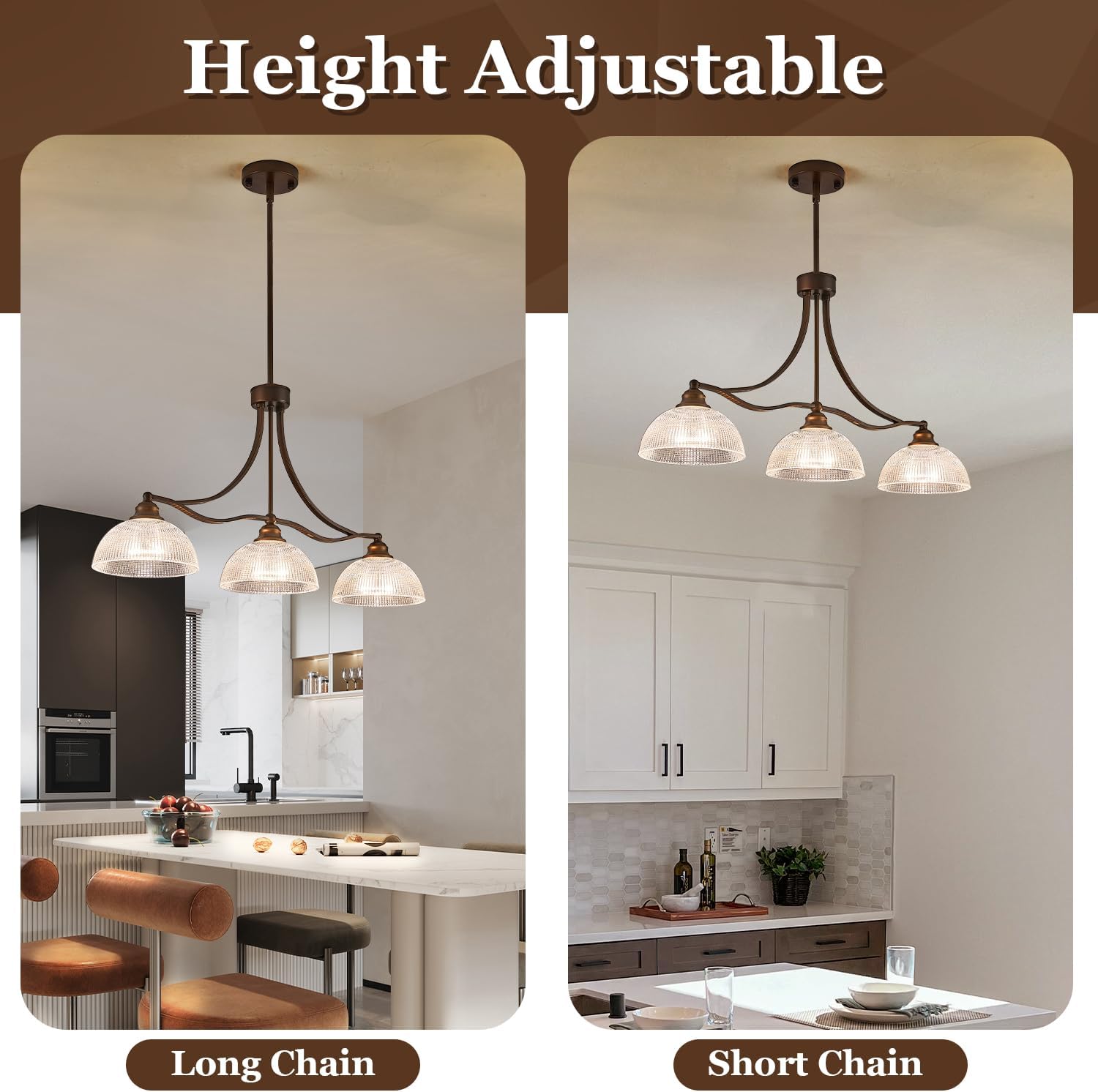 3-Light Linear Chandelier with Ribbed Clear Glass Shades and Adjustable Bronze Rods