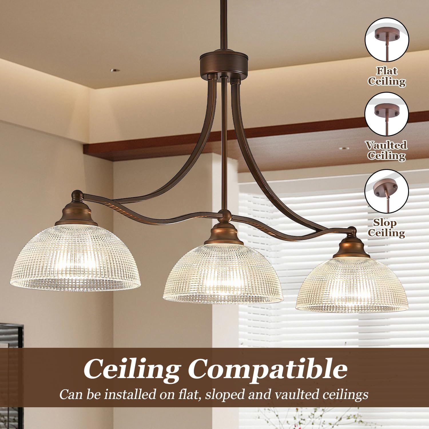 3-Light Linear Chandelier with Ribbed Clear Glass Shades and Adjustable Bronze Rods