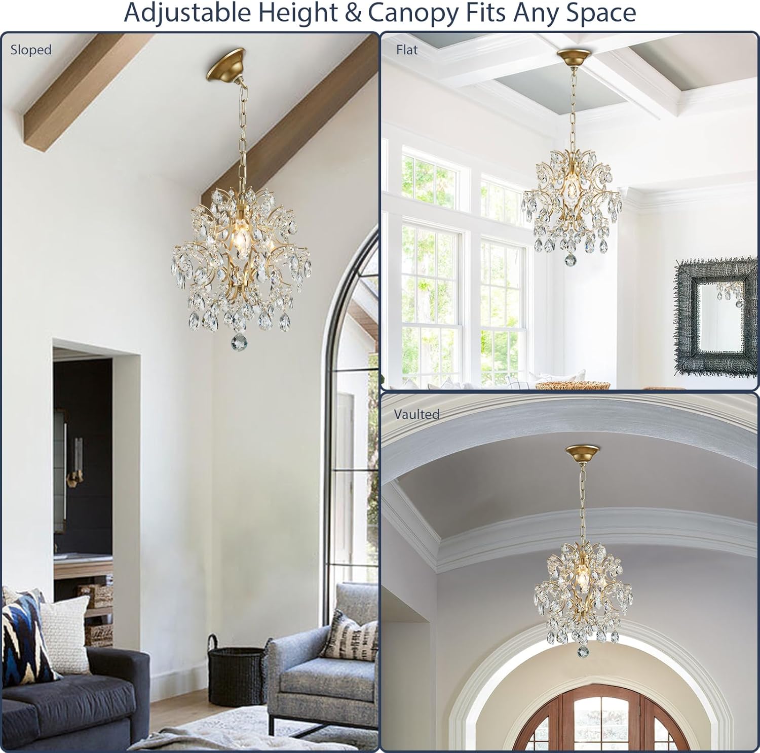 Luxury Crystal Chandelier Ceiling Pendant Light – Gold Plated Finish, Dual Mount (Pendant & Flush), Adjustable Chain, 13-Inch Round, Compatible with S14/A15/B11/G16.5 Bulbs