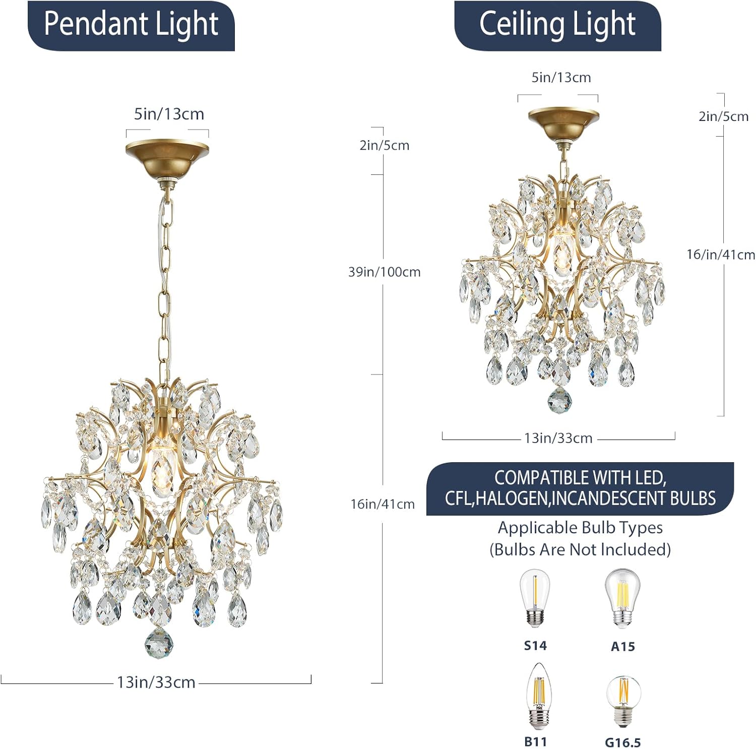 Luxury Crystal Chandelier Ceiling Pendant Light – Gold Plated Finish, Dual Mount (Pendant & Flush), Adjustable Chain, 13-Inch Round, Compatible with S14/A15/B11/G16.5 Bulbs