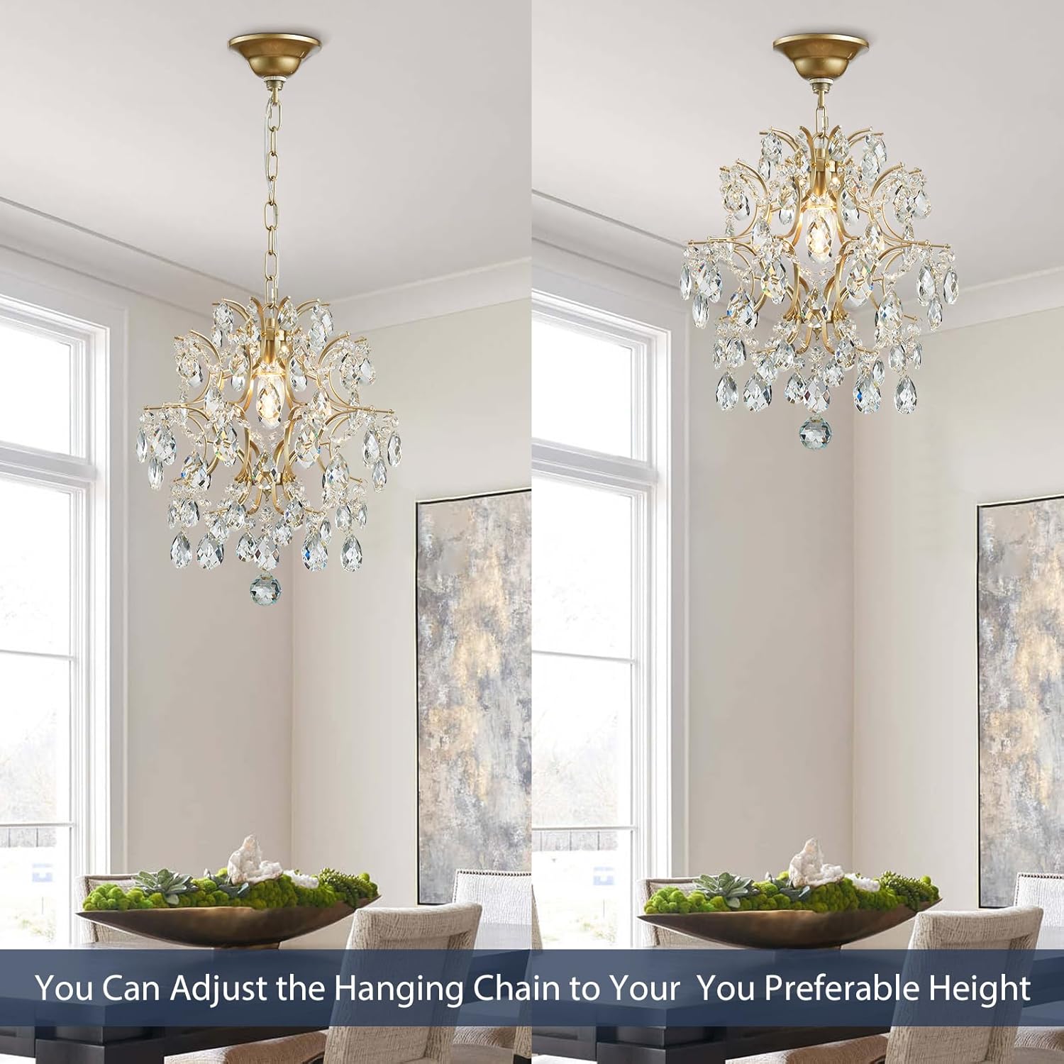 Luxury Crystal Chandelier Ceiling Pendant Light – Gold Plated Finish, Dual Mount (Pendant & Flush), Adjustable Chain, 13-Inch Round, Compatible with S14/A15/B11/G16.5 Bulbs