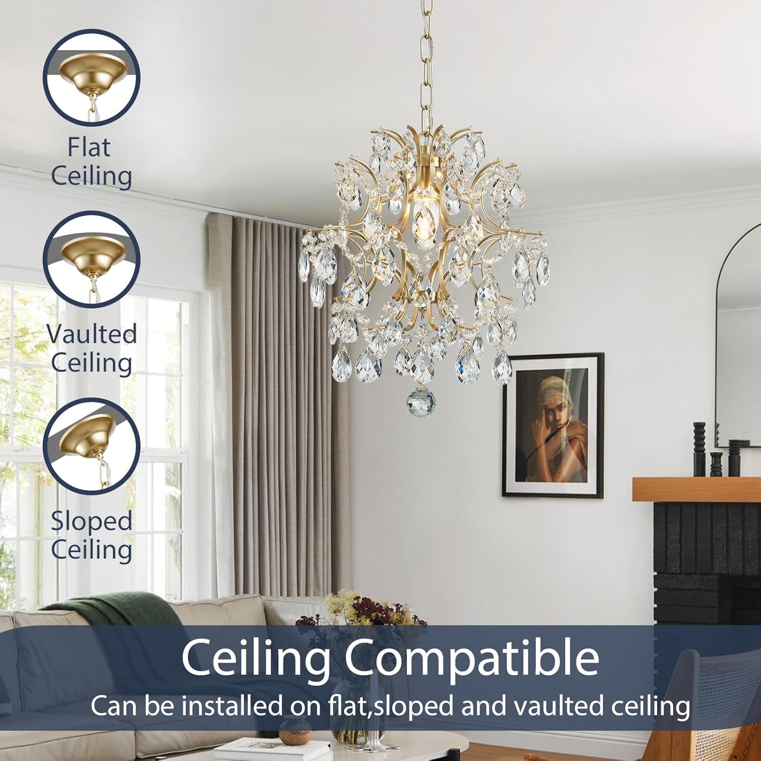Luxury Crystal Chandelier Ceiling Pendant Light – Gold Plated Finish, Dual Mount (Pendant & Flush), Adjustable Chain, 13-Inch Round, Compatible with S14/A15/B11/G16.5 Bulbs