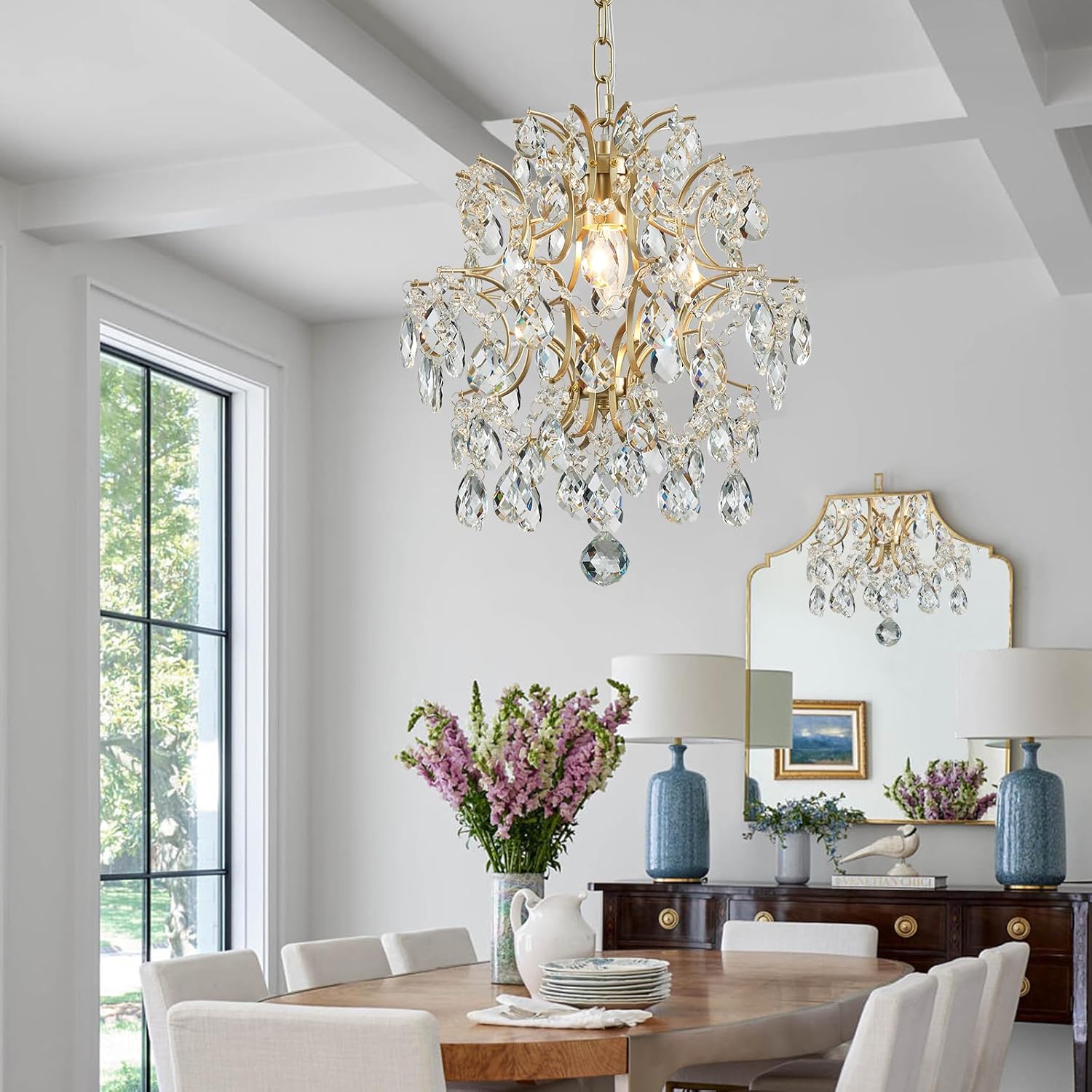 Luxury Crystal Chandelier Ceiling Pendant Light – Gold Plated Finish, Dual Mount (Pendant & Flush), Adjustable Chain, 13-Inch Round, Compatible with S14/A15/B11/G16.5 Bulbs