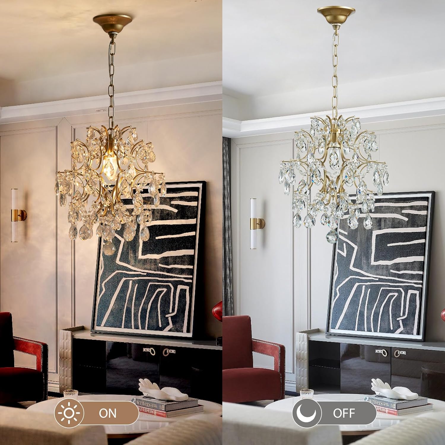 Luxury Crystal Chandelier Ceiling Pendant Light – Gold Plated Finish, Dual Mount (Pendant & Flush), Adjustable Chain, 13-Inch Round, Compatible with S14/A15/B11/G16.5 Bulbs