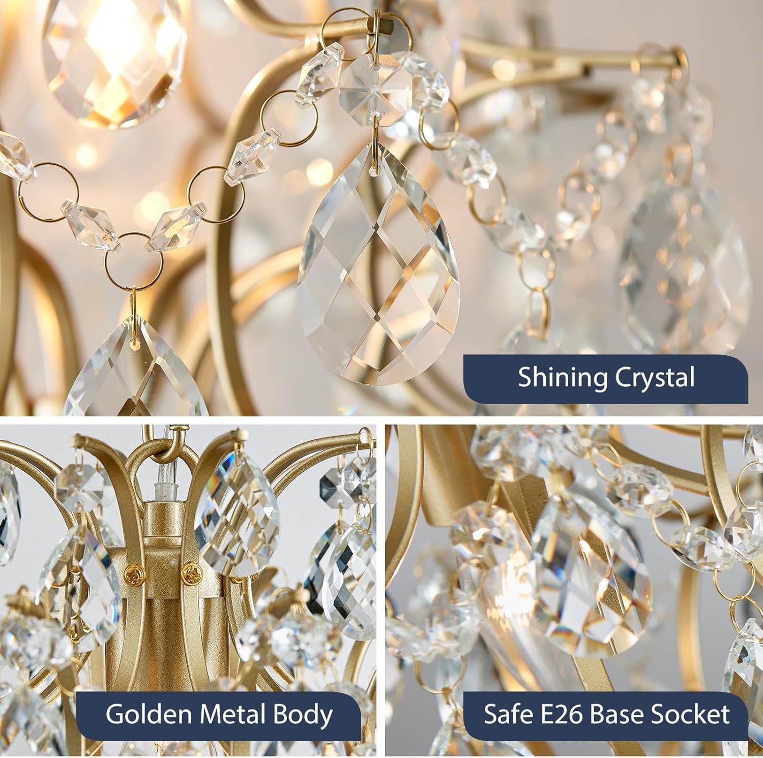 Luxury Crystal Chandelier Ceiling Pendant Light – Gold Plated Finish, Dual Mount (Pendant & Flush), Adjustable Chain, 13-Inch Round, Compatible with S14/A15/B11/G16.5 Bulbs
