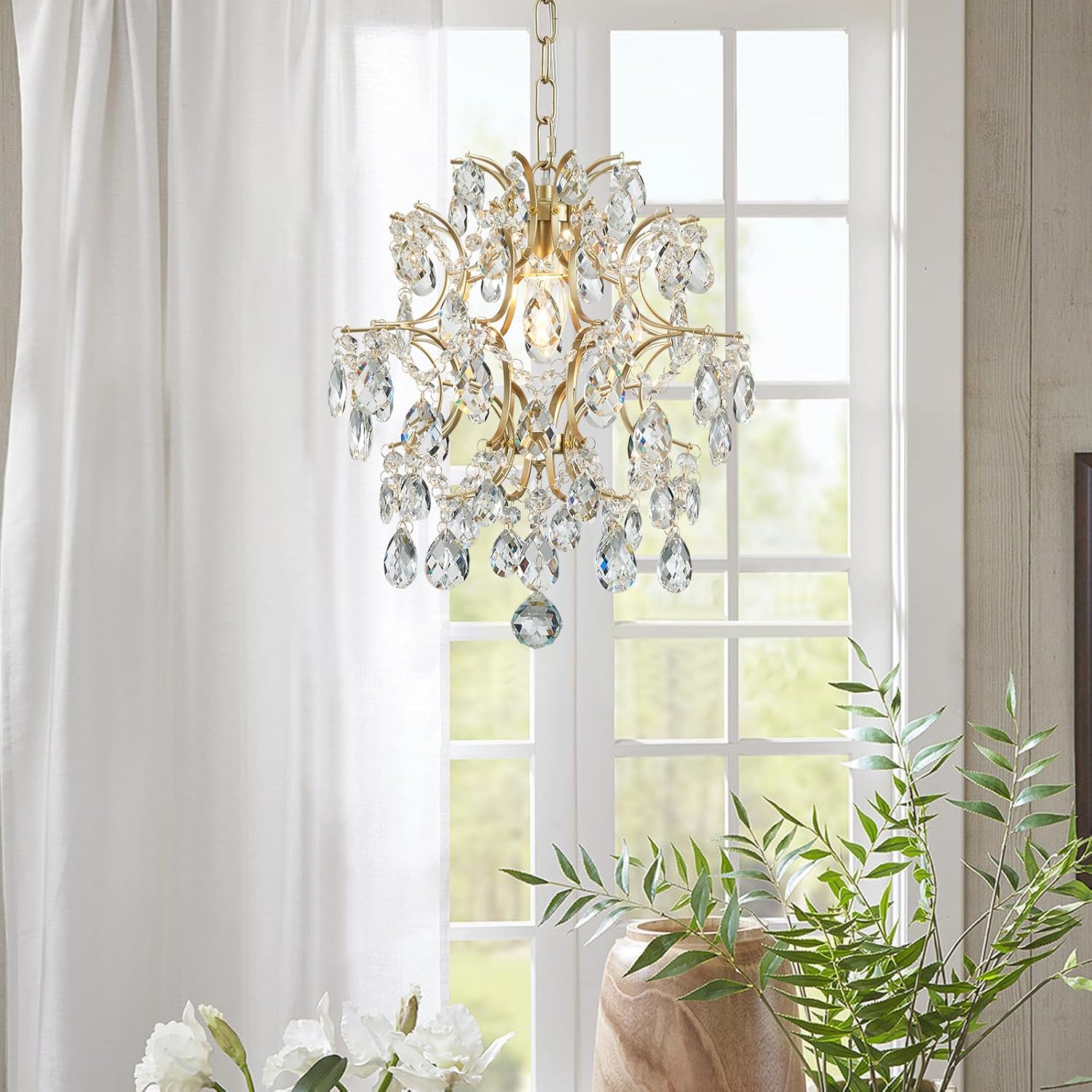 Luxury Crystal Chandelier Ceiling Pendant Light – Gold Plated Finish, Dual Mount (Pendant & Flush), Adjustable Chain, 13-Inch Round, Compatible with S14/A15/B11/G16.5 Bulbs
