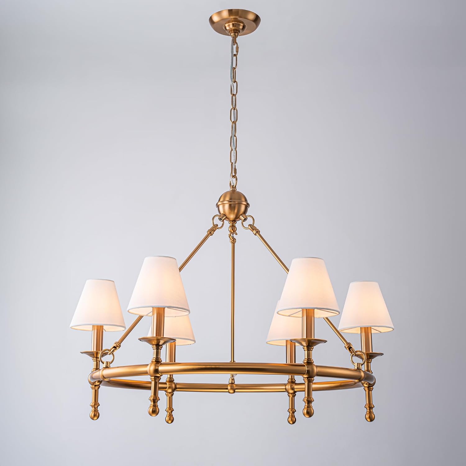 Luxury Vintage Brass 6-Light Round Chandelier Adjustable Chain Fabric Shade Pendant Light