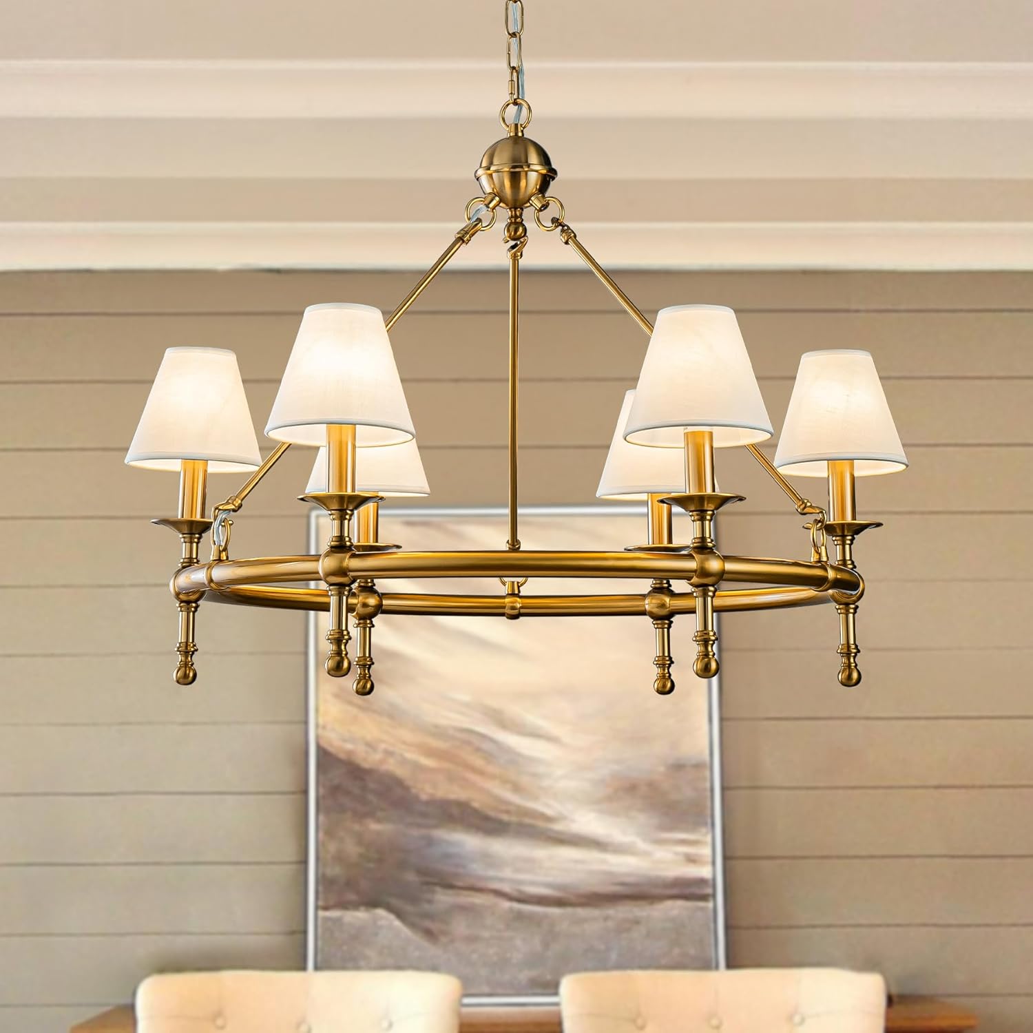 Luxury Vintage Brass 6-Light Round Chandelier Adjustable Chain Fabric Shade Pendant Light
